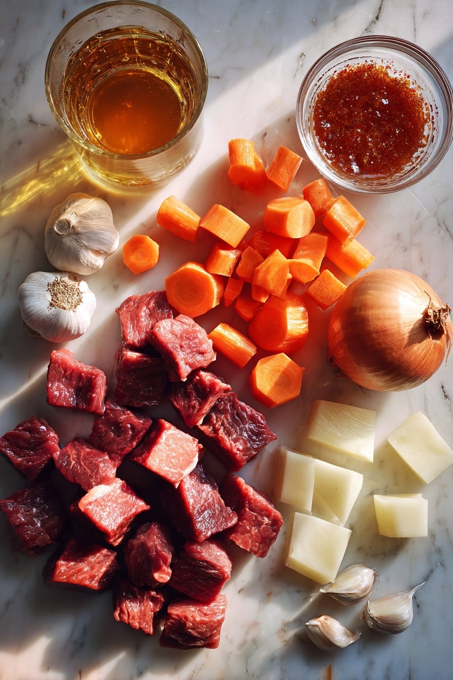Flat lay of succulent raw beef cubes, vibrant peeled and chopped carrots, rustic swede chunks, a whole golden brown onion, several peeled garlic cloves, a small pile of deep red tomato puree, a few beef stock cubes, and a glass of amber beer, all beautifully arranged with natural lighting, placed on a white marble surface, photo taken with an iphone --ar 2:3 --v 7 - Slow Cooker Beef Stew with Rich Gravy, hearty beef stew recipe, easy slow cooker beef dish, comforting beef stew with gravy, flavorful beef stew dinner