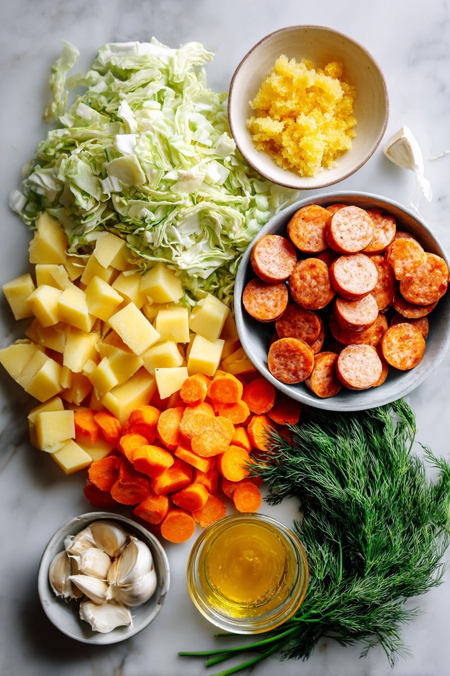 Flat lay of sliced kielbasa sausage rounds, bright orange carrot slices, cubed Yukon Gold potatoes, shredded green cabbage, diced yellow onion, minced garlic cloves, fresh dill sprigs, and a small pat of golden ghee beautifully arranged on a white marble surface, photo taken with an iphone --ar 2:3 --v 7 - Kielbasa and Cabbage Soup, hearty sausage cabbage soup, easy kielbasa vegetable soup, comforting kielbasa and cabbage, quick sausage and cabbage dinner