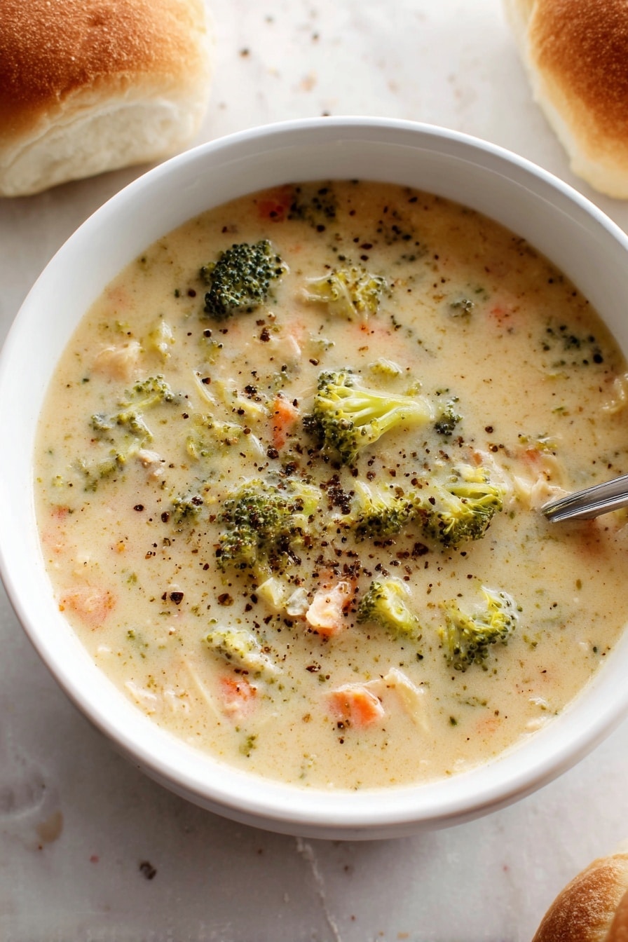 A white bowl filled with creamy soup, showing small green broccoli pieces, orange carrot bits, and tiny shreds of light-colored meat mixed in a thick light beige broth, all topped with a sprinkle of black pepper. The bowl sits on a white marbled surface with two soft bread rolls nearby, one partially visible at the top right and another near the bottom right edge. The texture of the soup looks smooth yet chunky with visible small vegetable and meat pieces. Photo taken with an iphone --ar 2:3 --v 7 - Creamy Chicken and Broccoli Soup, hearty chicken broccoli soup, easy chicken and broccoli dinner, comforting creamy soup recipe, healthy chicken broccoli soup