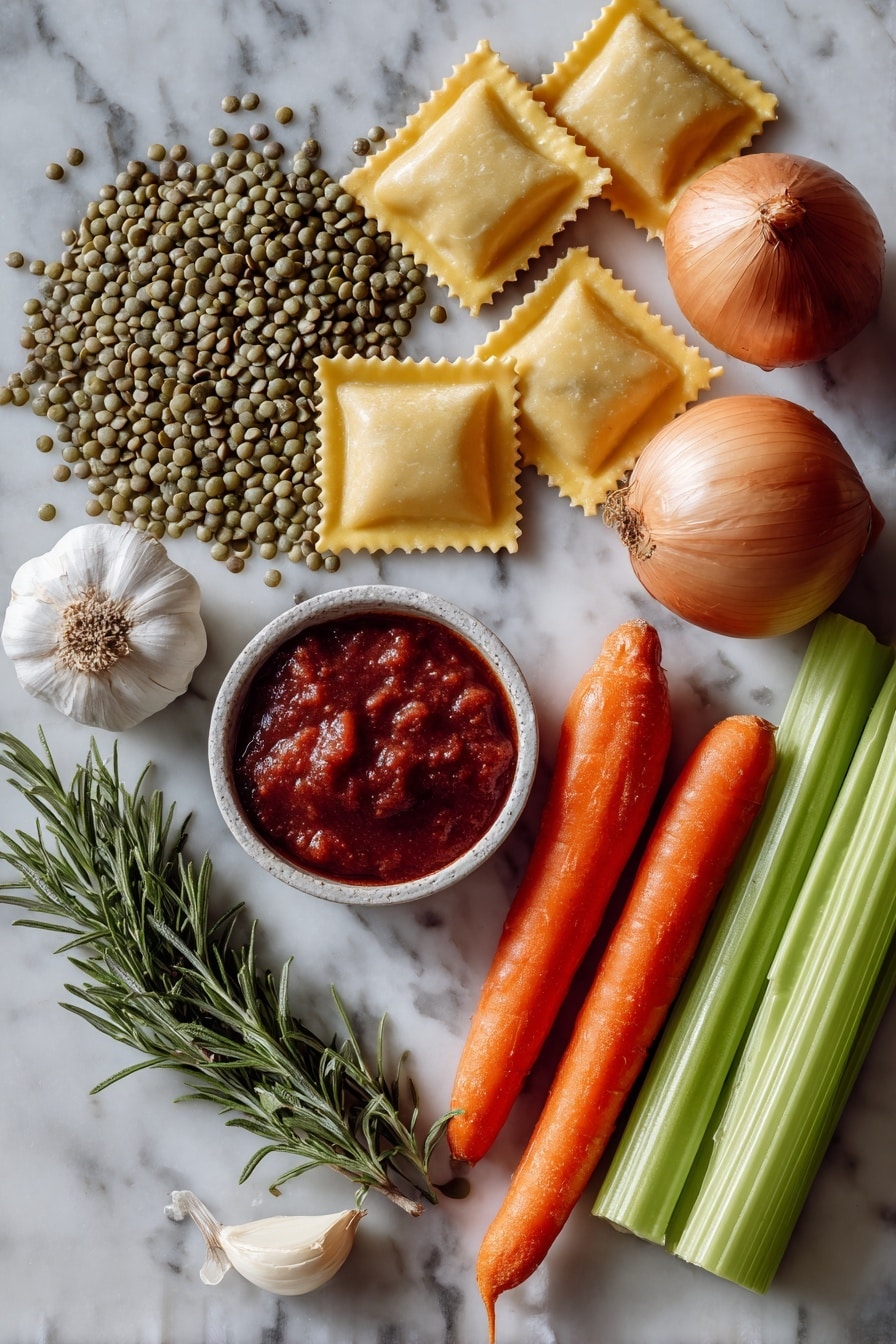 Flat lay of small green Umbrian lentils, uncooked sagnarelli pasta, a whole peeled onion, two bright orange carrots, two crisp celery stalks, two garlic cloves, fresh green rosemary sprig, and a small dish of deep red tomato concentrate, all beautifully arranged on a white marble surface, photo taken with an iphone --ar 2:3 --v 7 - Umbrian Lentil Soup with Pasta, Italian Lentil Soup, hearty vegetarian soup, traditional Italian lentil recipes, easy warm Italian soup