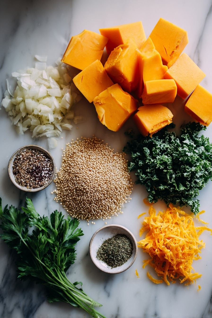 Flat lay of vibrant cubed butternut squash, tender shredded rotisserie chicken, finely chopped yellow onion, minced garlic cloves, a scattering of uncooked quinoa grains, bright green chopped kale leaves, fresh flat-leaf parsley sprigs, small piles of dried oregano and ground cumin, and a few thin strips of orange zest, all beautifully arranged with natural light highlighting their textures and colors, placed on a white marble surface, photo taken with an iphone --ar 2:3 --v 7 - Fall Chicken Stew with Quinoa and Butternut Squash, hearty fall chicken stew, healthy chicken stew recipes, nourishing winter stew, cozy autumn meal ideas