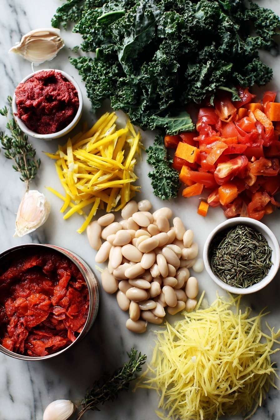 Flat lay of vibrant shredded kale, diced roma tomatoes with bright red hues, sliced yellow squash matchsticks, small diced shallot pieces, peeled garlic cloves, a small pile of rich tomato paste, dried thyme sprigs, and a can of great northern beans spilling out creamy white beans, all beautifully arranged on a white marble surface, photo taken with an iphone --ar 2:3 --v 7 - Stewed Great Northern Beans with Kale, Tomatoes, and Herbs, hearty bean and kale stew, healthy vegetarian dinner, wholesome bean recipes, easy bean and greens dish