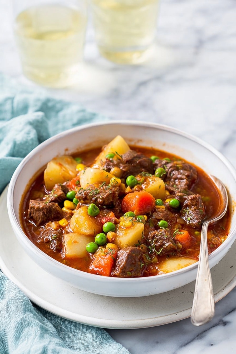 A white bowl filled with thick beef stew sits on a white marbled surface, with a white plate underneath. The stew has three main layers: the top layer is bright green peas scattered unevenly, followed by small, orange carrot cubes and corn kernels adding patches of yellow. The bottom layers include large brown beef chunks and pale cream potato pieces, all soaked in rich dark brown-red sauce. A silver spoon rests partially dipped in the stew on the right side of the bowl. In the blurred background, two clear glasses filled with a light yellow drink and a soft blue cloth are visible. Photo taken with an iphone --ar 2:3 --v 7 - Pressure Cooker Beef Stew, easy beef stew, quick beef stew recipes, hearty beef stew, tender beef stew recipe