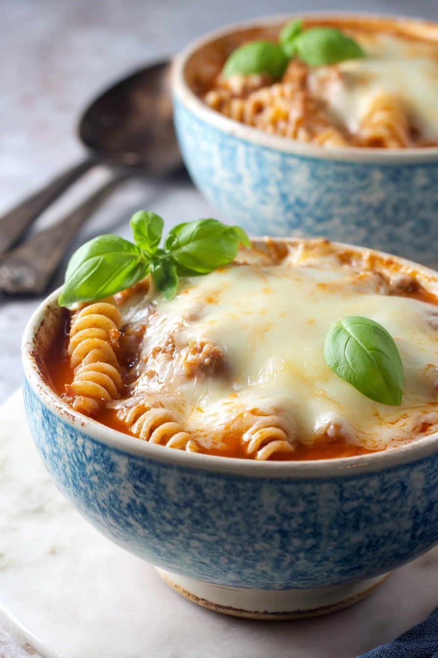 Two white bowls with blue patterns hold a layered baked pasta dish. The first layer is a red tomato sauce with visible spiral pasta and chunks of light brown meat. On top is a thick, pale melted cheese layer with spots of golden brown from baking. Each bowl is garnished with two bright green fresh basil leaves near the edge. The bowls are placed on a white marbled textured surface with two metal spoons blurred in the background. photo taken with an iphone --ar 2:3 --v 7 - Slow Cooker Chicken Parmesan Soup, chicken parmesan soup, easy crockpot chicken soup, comforting Italian soup, homemade chicken soup