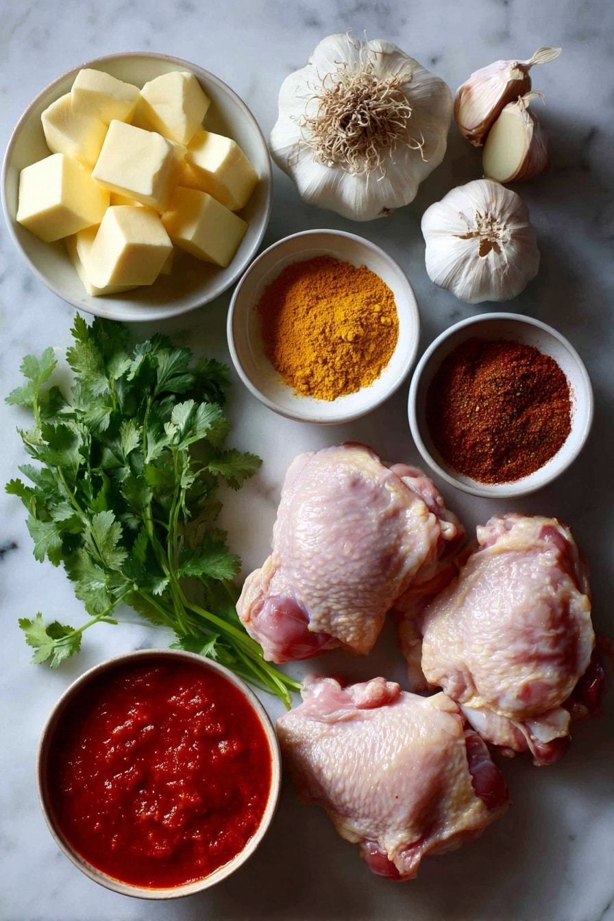 Flat lay of fresh garlic cloves, grated ginger, vibrant red tomato sauce, warm golden turmeric powder, deep red smoked paprika, rich brown garam masala, creamy cubes of unsalted butter, tender raw chicken thighs, and bright green fresh cilantro leaves, all beautifully arranged on a white marble surface, photo taken with an iphone --ar 2:3 --v 7 - Slow Cooker Butter Chicken, Easy Butter Chicken, Creamy Chicken Curry, Make-Ahead Chicken Dinner, Instant Pot Butter Chicken
