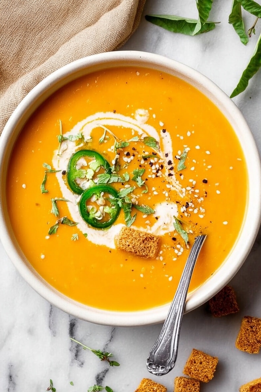 A bowl of bright orange soup fills the white bowl, with creamy white swirls on top. There are three slices of fresh green jalapeño peppers placed near the center, along with small green herb leaves scattered nearby. A few small brown croutons sit on one side, with light sesame seeds sprinkled around. A silver spoon rests in the bowl near the bottom right edge. The bowl is placed on a white marbled surface with a beige cloth and green leaves visible near the top edge of the image. photo taken with an iphone --ar 2:3 --v 7 - Creamy Pumpkin Curry Soup, pumpkin curry soup, cozy pumpkin soup, vegan pumpkin soup, easy pumpkin soup recipe
