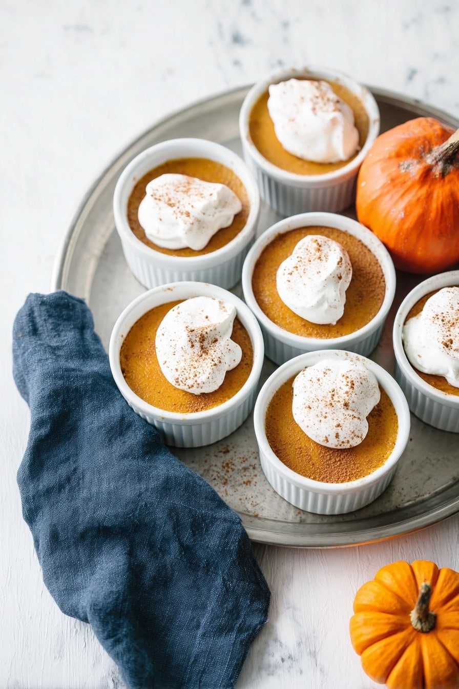 There are five white ramekins filled with a smooth orange pumpkin dessert, each topped with a dollop of white whipped cream sprinkled with brown cinnamon powder. They are arranged on a round silver tray set on a white marbled surface. To the right of the ramekins, there is a small orange pumpkin and a dark blue cloth casually placed on the tray. The scene is bright and simple, with the colors of orange, white, silver, and blue creating a cozy autumn feel. photo taken with an iphone --ar 2:3 --v 7 - Creamy Pumpkin Egg Custard, Pumpkin Egg Custard, Pumpkin Custard Dessert, Easy Pumpkin Custard, Velvety Pumpkin Pudding