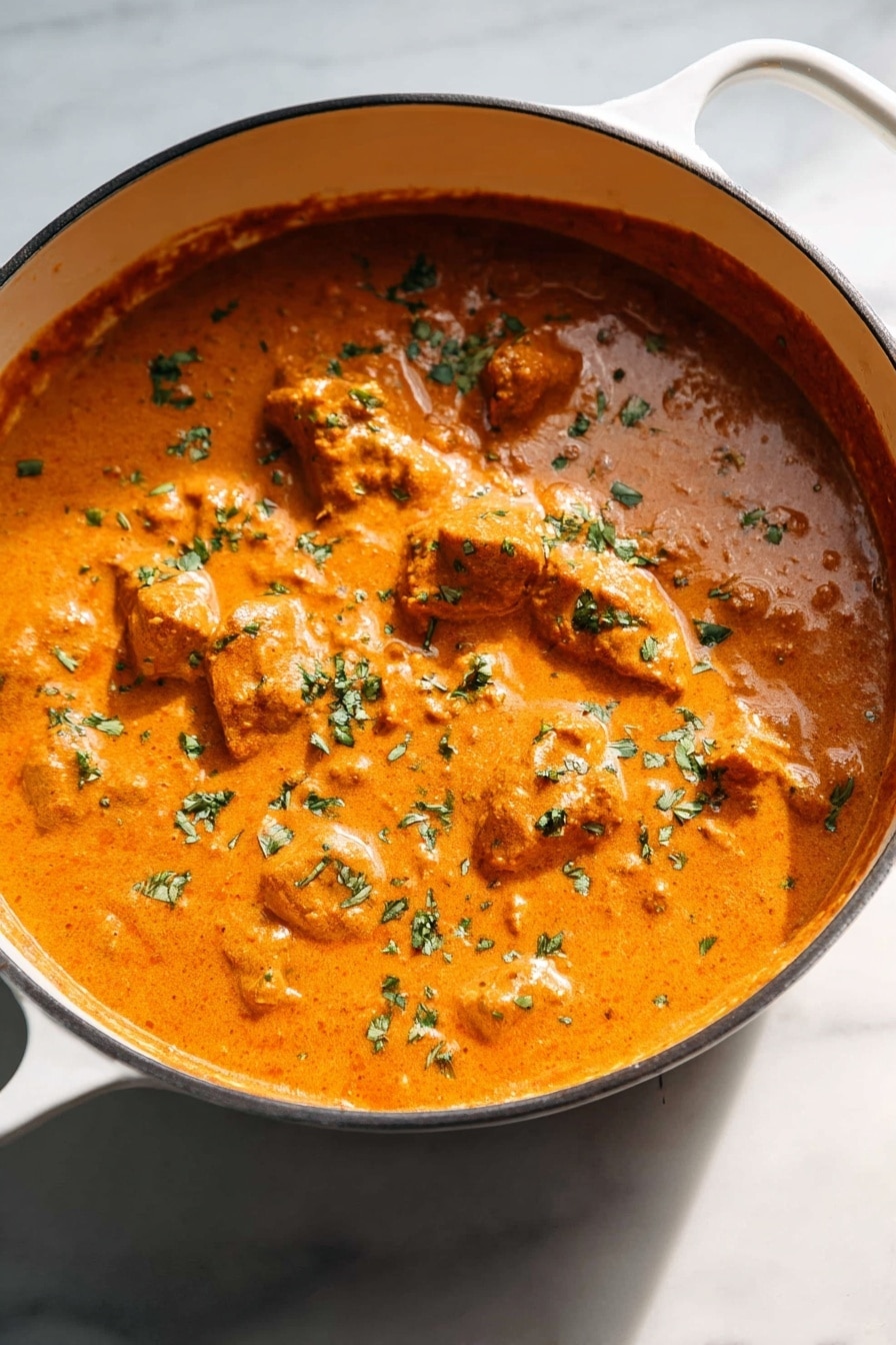 A white pot filled with a thick, creamy orange curry sauce with chunks of meat covered in the sauce. The surface has small green herb pieces sprinkled evenly on top. The pot is placed on a white marbled surface, with the sauce texture smooth and slightly glossy, showing some small lumps and pieces of food inside. The white pot handle is visible in the corner, and the lighting is bright and natural, highlighting the rich colors of the curry photo taken with an iphone --ar 2:3 --v 7 - Finger Lickin' Butter Chicken Murgh Makhani, Indian Butter Chicken Recipe, Easy Butter Chicken Dinner, Creamy Tandoori Chicken, Authentic Indian Chicken Curry