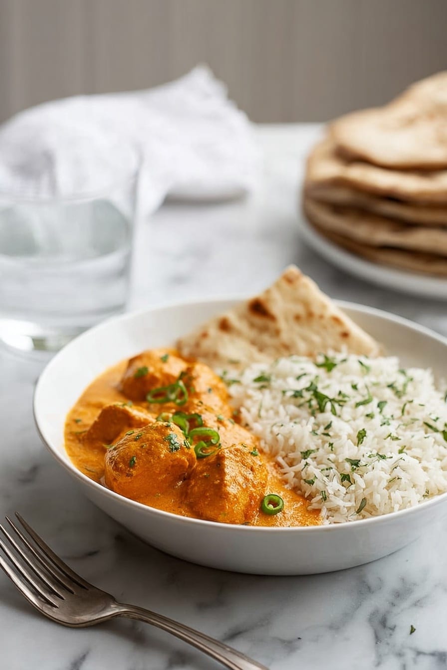 A shallow white bowl holds two main parts: on the left, several orange curry pieces covered in a creamy sauce with a smooth, thick texture, dotted with thin slices of green chili and small green herbs; on the right, a mound of fluffy white rice with a light sprinkling of green herbs. A piece of flatbread rests on the edge between the rice and curry. The bowl is placed on a white marbled surface, with a silver fork in front of it and a glass of water slightly blurred in the background. Stacks of brown flatbreads and a white cloth are softly out of focus behind the bowl. Photo taken with an iphone --ar 2:3 --v 7 - Finger Lickin' Butter Chicken Murgh Makhani, Indian Butter Chicken Recipe, Easy Butter Chicken Dinner, Creamy Tandoori Chicken, Authentic Indian Chicken Curry