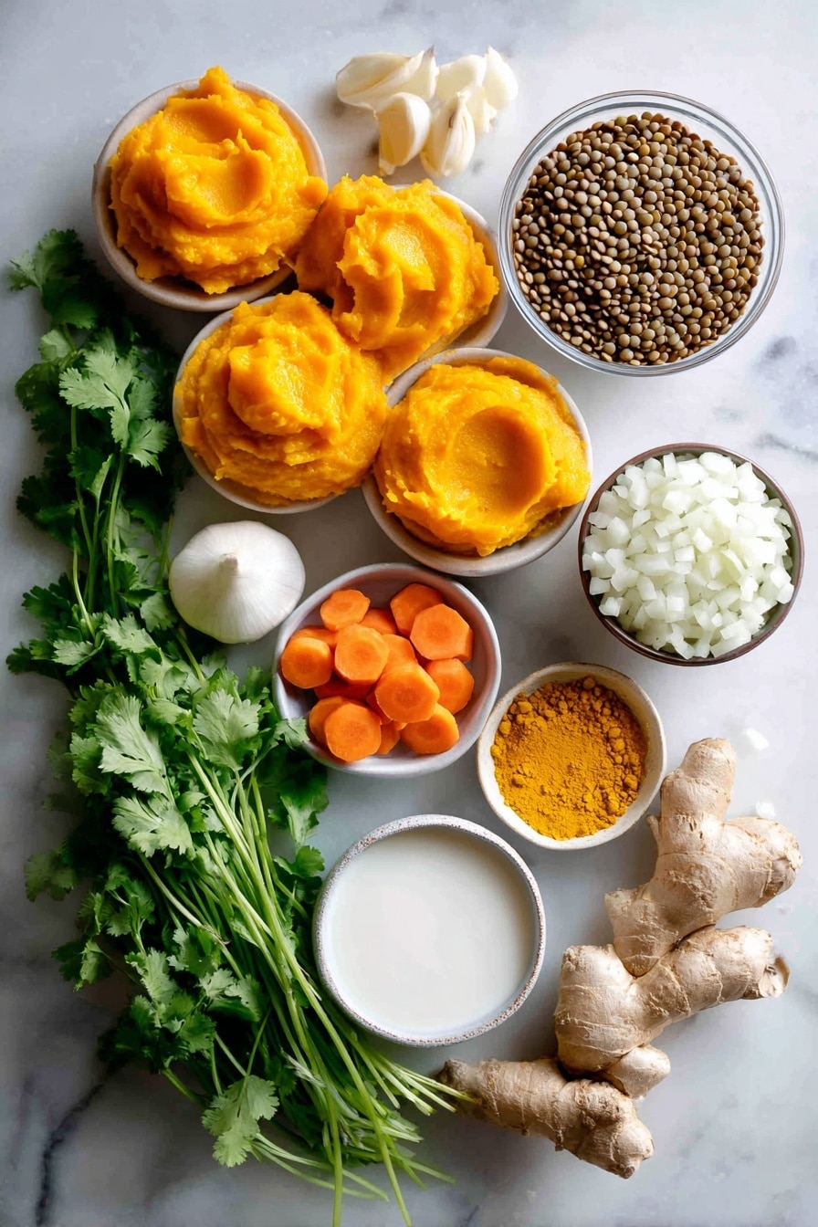Flat lay of bright orange pumpkin puree dollops, vibrant green fresh cilantro leaves, a cluster of whole brown lentils, fresh sliced rounds of bright orange carrot, peeled white garlic cloves, a small mound of warm yellow curry powder, a piece of fresh ginger root with its knobby texture, a white diced onion pile, and a small bowl of creamy coconut milk, all beautifully arranged with natural light and soft shadows, placed on a white marble surface, photo taken with an iphone --ar 2:3 --v 7 - Vegan Curried Pumpkin Lentil Soup, vegan pumpkin soup, plant-based lentil soup, dairy-free pumpkin lentil stew, healthy vegan soup