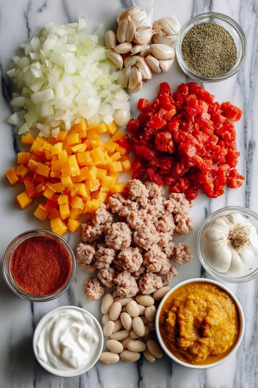 Flat lay of diced yellow onion, bright orange bell pepper pieces, whole garlic cloves, ground turkey raw and fresh, glossy white cannellini beans, vibrant fire-roasted diced tomatoes in rich red hues, smooth pumpkin puree dollops, and a small pile of creamy sour cream, all beautifully arranged with a sprinkle of chili powder and ground cumin nearby, placed on a white marble surface, photo taken with an iphone --ar 2:3 --v 7 - Turkey Pumpkin Chili, hearty fall chili, healthy pumpkin chili, easy turkey chili recipe, cozy comfort food