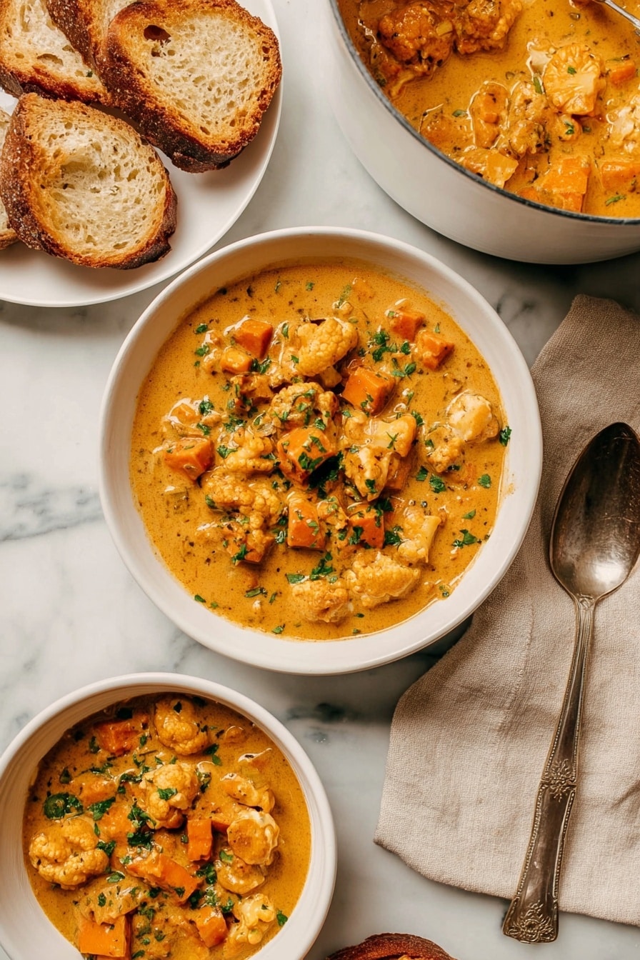 The image shows a thick, creamy stew with chunks of orange sweet potatoes, off-white cauliflower florets, and small green chopped herbs on top, all mixed in a rich golden-orange sauce. There are two white bowls filled with the stew, one in the center and one at the bottom left corner, both showing the same stew texture with visible pieces of vegetables. Near the center bowl, on the right side, a silver spoon rests on a beige cloth napkin placed on a white marbled surface. On the upper left corner, two slices of toasted bread sit on a white plate. A larger white pot filled with more stew is partially visible in the top right corner. The photo is taken with an iphone --ar 2:3 --v 7 - Creamy Cauliflower & Sweet Potato Chowder, vegan hearty soup, gluten-free vegetable chowder, comforting plant-based dinner, easy vegan soup recipe