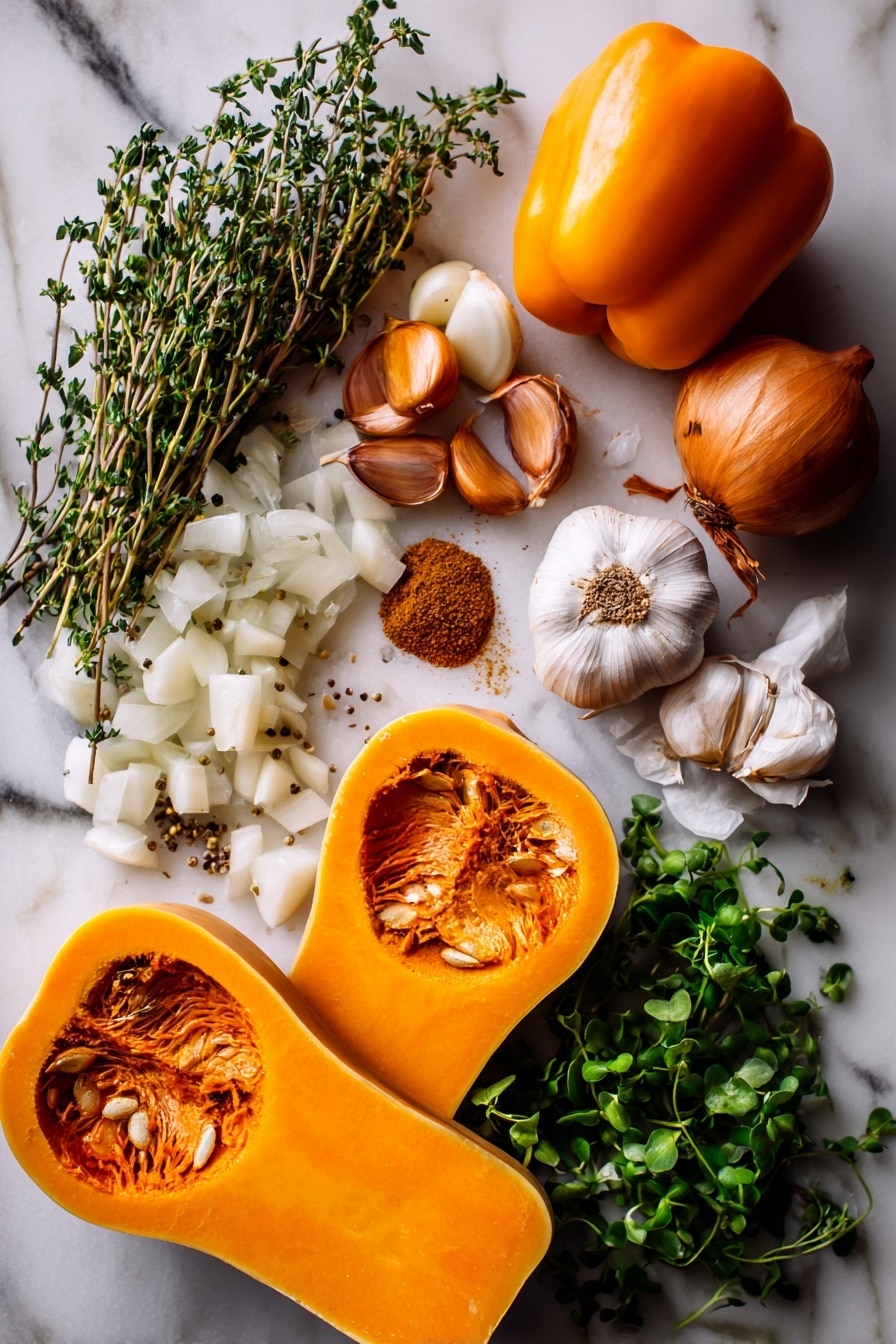 Flat lay of halved roasted butternut squash with vibrant orange flesh, a whole orange bell pepper, a peeled and chopped medium onion, several cloves of minced garlic, fresh thyme sprigs, dried cumin seeds, a small pile of ground nutmeg, handfuls of bright green parsley leaves and microgreens, all beautifully arranged with natural light highlighting their rich colors and textures, placed on a white marble surface, photo taken with an iphone --ar 2:3 --v 7 - Orange Shakshuka with Butternut Squash and Warm Spices, healthy shakshuka with orange bell peppers, cozy fall shakshuka recipe, vegetarian shakshuka with squash, easy savory breakfast dish