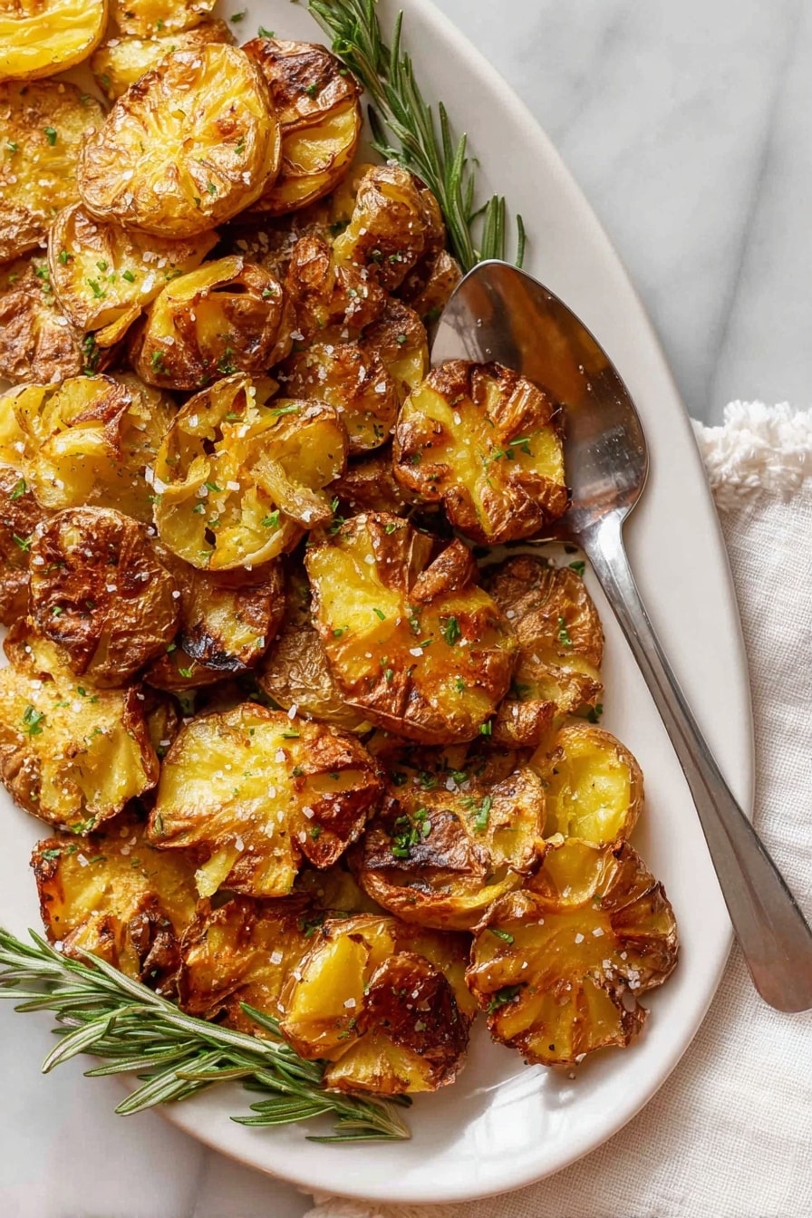 This image shows a white oval plate filled with smashed roasted potatoes, each piece golden brown with crispy edges and a slightly wrinkled texture. The potatoes are sprinkled with coarse salt and finely chopped green herbs, giving a fresh look. Some sprigs of fresh rosemary are placed among the potatoes for decoration. A silver spoon rests on the right side of the plate, partially placed on the potatoes. The plate is set on a white marbled surface, and a white cloth with small pompom edges is beside it. photo taken with an iphone --ar 2:3 --v 7 - Crispy Air Fryer Smashed Potatoes, Air Fryer Smashed Potatoes, Crispy Smashed Potatoes, Air Fryer Potato Side Dish, Easy Smashed Potatoes