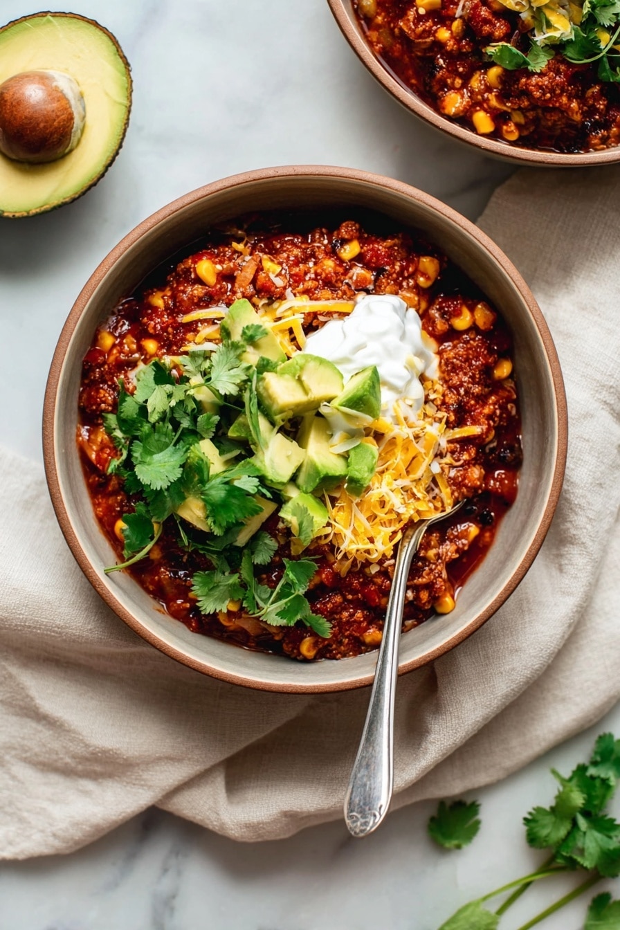 The dish is presented in a round bowl with a brown rim, filled with a thick, reddish-brown chili mixture containing visible corn kernels and black beans. On top, there are bright yellow shredded cheese and chunky green avocado pieces layered with fresh green cilantro leaves. A dollop of white sour cream sits near the avocado. A silver spoon rests inside the bowl, placed on the right side on a white marbled surface with a light beige cloth partially visible underneath. Part of another identical bowl is seen in the top right corner, and a halved avocado is placed on the left side. The photo taken with an iphone --ar 2:3 --v 7 - Slow Cooker Vegan Bean & Quinoa Chili, vegan chili recipe, easy vegan chili, healthy slow cooker dinner, plant-based chili