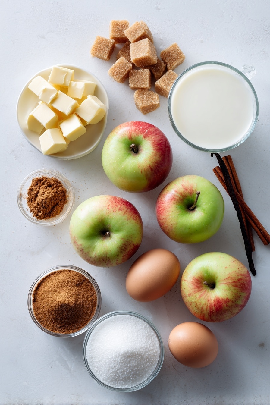 Flat lay of diced fresh apples with pale red and green skin, light brown sugar crystals, granulated white sugar, a small heap of ground cinnamon powder, cubes of unsalted butter in soft yellow, whole eggs with smooth brown shells, a small glass of creamy whole milk, and a vanilla bean pod, all beautifully arranged in a balanced composition placed on a white marble surface, photo taken with an iphone --ar 2:3 --v 7 - Apple Muffins, apple muffin recipe, homemade apple muffins, cinnamon apple muffins, easy muffin recipes