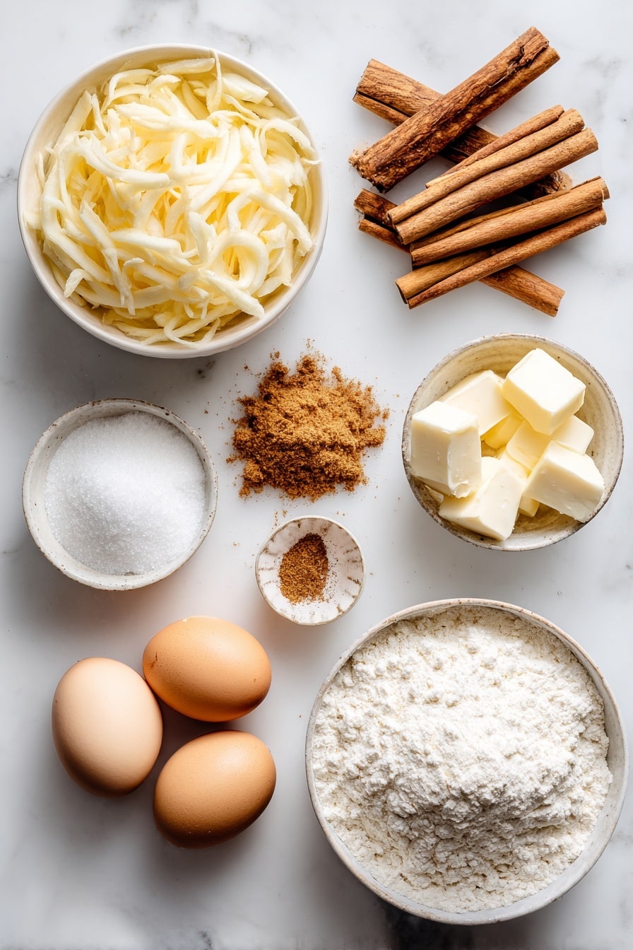 Flat lay of peeled shredded apple, cinnamon sticks, ground cinnamon powder sprinkled artistically, granulated sugar crystals, small cubes of frozen unsalted butter, whole large egg, a bowl of heavy cream with a smooth surface, and a mound of all-purpose flour, all beautifully arranged with soft natural light and warm tones, placed on a white marble surface, photo taken with an iphone --ar 2:3 --v 7 - Easy Apple Scones with Cinnamon Glaze, apple scones recipe, fall scones with cinnamon glaze, homemade apple scones, cozy breakfast scones