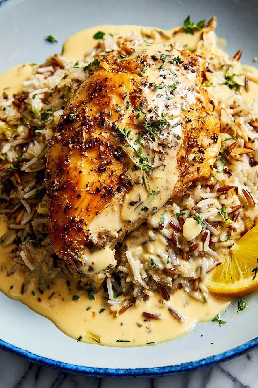 A golden brown cooked chicken piece with visible black pepper and herbs on top sits in the center of the image, half-covered by a creamy light beige sauce with small white chunks and green herb leaves. The chicken rests on a pile of mixed rice grains, showing both white and wild rice with a slightly glossy texture. A lemon slice is partially seen under the rice on the right side. The dish is served on a white plate against a white marbled background. Photo taken with an iphone --ar 2:3 --v 7 - Slow Cooker Creamy Lemon Herb Chicken, easy lemon chicken recipe, healthy slow cooker chicken, flavorful lemon herb chicken, fuss-free dinner ideas