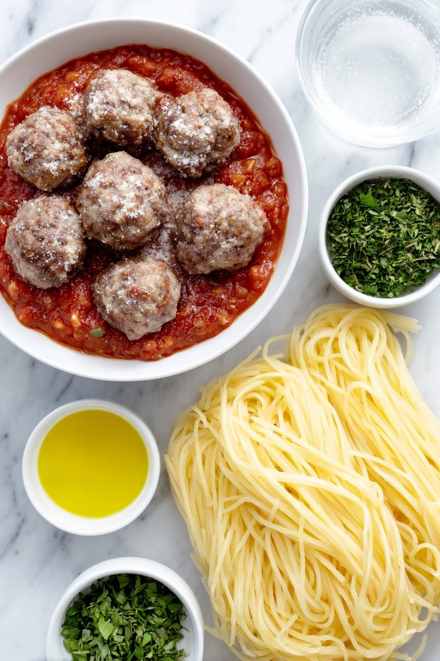Flat lay of a simple white ceramic bowl filled with vibrant red spaghetti sauce, a few frozen meatballs with a frosty appearance, a small white bowl of clear water, a small white bowl with golden olive oil, a neat bundle of uncooked spaghetti noodles, and a small white bowl holding freshly chopped green herbs (basil, oregano, and parsley), all arranged in perfect symmetry and balanced proportions, placed on a clean white marble surface, soft natural light, photo taken with an iPhone, professional food photography style, fresh ingredients, white ceramic bowls, no bottles, no duplicates, no utensils, no packaging --ar 2:3 --v 7 --p awthu7i m7354615311229779997 - Easy Crock Pot Spaghetti with Meatballs, slow cooker spaghetti and meatballs, easy Italian dinner, no-fuss spaghetti recipe, comforting slow cooker meal