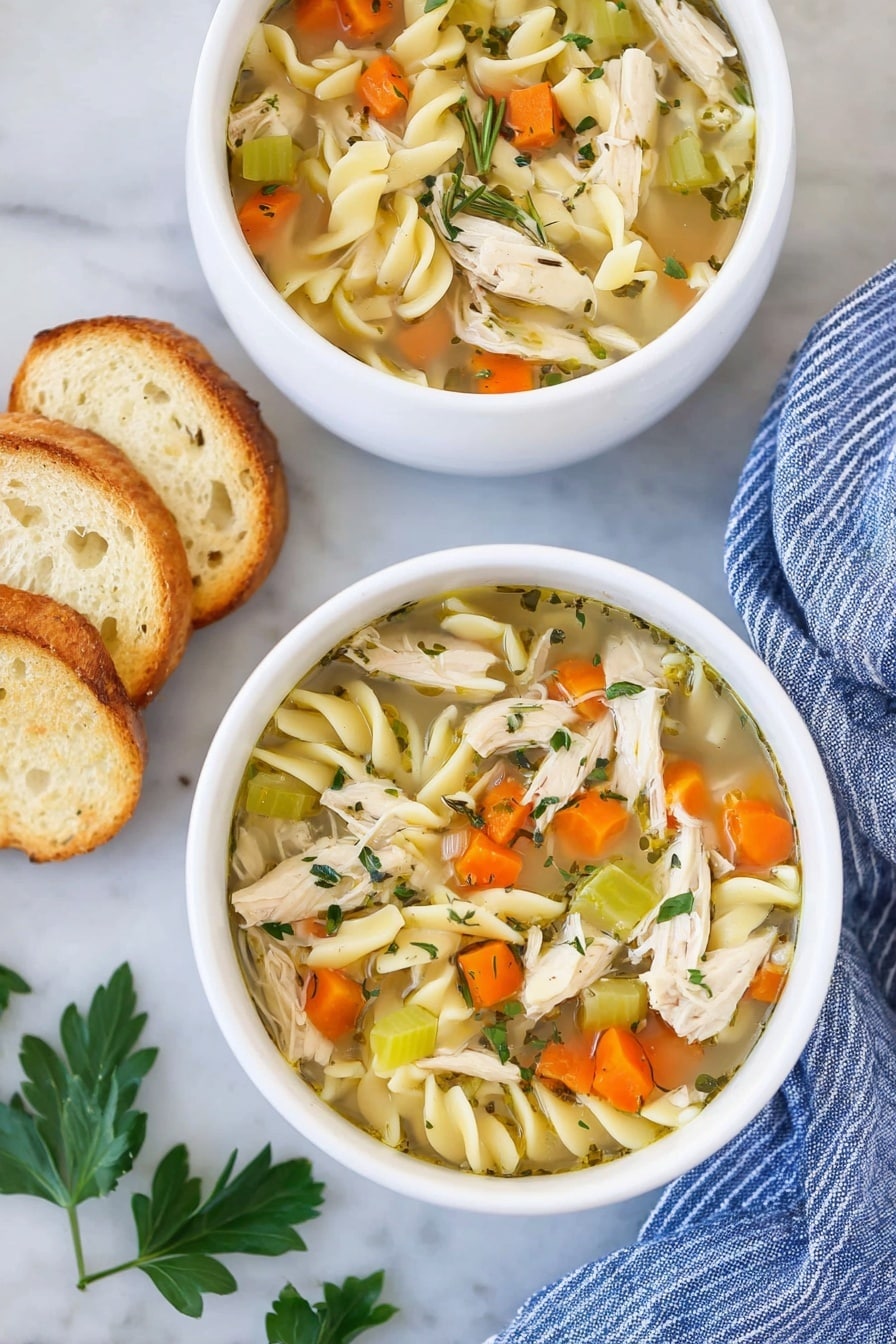 Two white bowls with three layers of chicken noodle soup sit on a white marbled surface. Each bowl shows a clear broth base with light yellow, curly egg noodles, white shredded chicken pieces, and bright orange carrot chunks floating on top. Small light green celery pieces and fresh green herbs like rosemary and parsley add flecks of color. A silver spoon rests inside the closer bowl. On the right side, there are three slices of bread stacked slightly on the white marbled surface. A blue and white striped cloth is partly visible near the front bowl. Photo taken with an iphone --ar 2:3 --v 7 - Crockpot Chicken Noodle Soup, easy chicken noodle soup, slow cooker soup recipes, comfort food soup, homemade chicken noodle soup