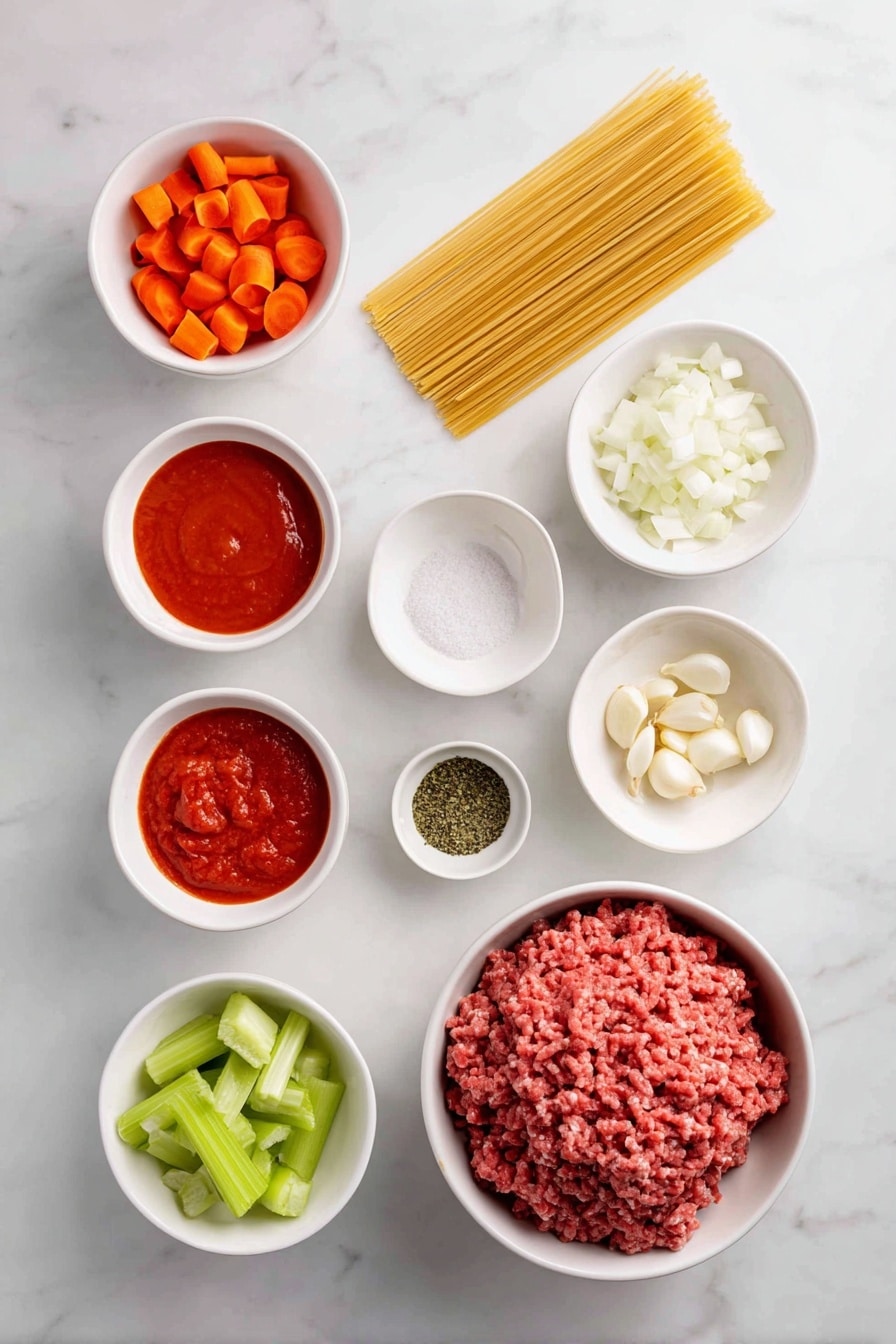 Flat lay of crispy chopped bacon strips, a large diced onion, two medium diced carrots, two diced celery stalks, three peeled garlic cloves, a small white bowl of canned chopped tomatoes, a small white bowl of smooth tomato passata, a small white bowl of dried basil leaves, a small white bowl of dried oregano leaves, a small white bowl of salt crystals, a mound of raw extra-lean ground beef all arranged symmetrically in simple white ceramic bowls and plates, placed on a clean white marble surface, soft natural light, photo taken with an iPhone, professional food photography style, fresh ingredients, white ceramic bowls, no bottles, no duplicates, no utensils, no packaging --ar 2:3 --v 7 --p awthu7i m7354615311229779997 - Slow Cooker Bolognese Sauce, easy Italian pasta sauce, hearty slow cooker dinner, flavorful Bolognese recipe, simple ground meat sauce