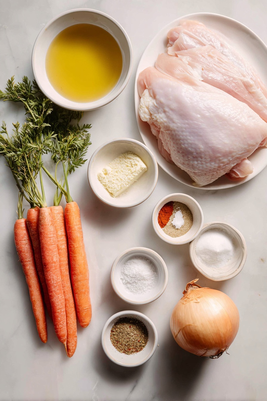 Flat lay of a whole raw boneless turkey breast with skin, a quartered medium yellow onion, two fresh medium carrots with leafy tops, a small white ceramic bowl filled with melted butter, a small white ceramic bowl of granulated garlic powder, a small white ceramic bowl of poultry seasoning blend, a small white ceramic bowl of paprika powder, and a small white ceramic bowl of kosher salt, all arranged symmetrically on a clean white marble surface, soft natural light, photo taken with an iPhone, professional food photography style, fresh ingredients, white ceramic bowls, no bottles, no duplicates, no utensils, no packaging --ar 2:3 --v 7 --p awthu7i m7354615311229779997 - Slow Cooker Turkey Breast, Juicy Turkey Breast, Turkey Breast Dinner, Easy Holiday Turkey, Set-and-Forget Turkey