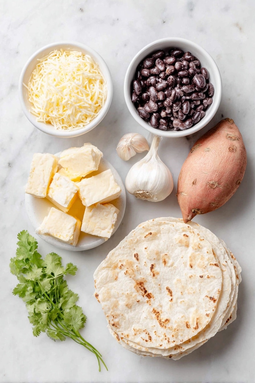 Flat lay of peeled sweet potato cubes, a small sweet onion whole, two cloves of garlic, a small white ceramic bowl of olive oil, a small white ceramic bowl of refried black beans, a small white ceramic bowl of coconut oil, a stack of corn tortillas, a small white ceramic bowl of shredded Monterrey Jack cheese, and a few sprigs of fresh cilantro placed on a clean white marble surface, soft natural light, photo taken with an iPhone, professional food photography style, fresh ingredients, white ceramic bowls, no bottles, no duplicates, no utensils, no packaging --ar 2:3 --v 7 --p awthu7i m7354615311229779997 - Black Bean Sweet Potato Tacos, vegetarian taco recipes, healthy taco ideas, quick dinner recipes, plant-based tacos