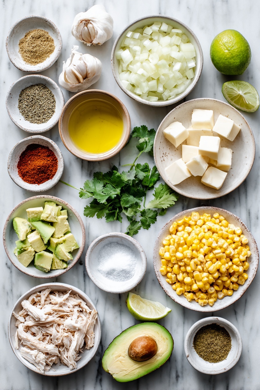 Flat lay of a small yellow onion diced in neat pieces, two whole cloves of garlic unpeeled, a small white ceramic bowl with golden olive oil, a small white ceramic bowl holding light green diced fresh green chilies, a small white ceramic bowl with ground cumin powder, another small white ceramic bowl with paprika powder, a small white ceramic bowl containing dried oregano leaves, a small white ceramic bowl filled with ground coriander, a small white ceramic bowl with cayenne pepper, a small white ceramic bowl of salt, a small white ceramic bowl of freshly ground black pepper, a small white ceramic bowl with cubed Neufchatel cheese, fresh bright yellow corn kernels in a small white ceramic bowl, whole fresh cannellini beans rinsed and drained in a small white ceramic bowl, shredded cooked chicken arranged plainly on a white ceramic plate, a small white ceramic bowl with fresh lime wedges, and a small bunch of fresh cilantro sprigs arranged organically on a white ceramic plate — all placed on a clean white marble surface, soft natural light, photo taken with an iPhone, professional food photography style, fresh ingredients, white ceramic bowls, no bottles, no duplicates, no utensils, no packaging --ar 2:3 --v 7 --p awthu7i m7354615311229779997 - White Chicken Chili, easy white chicken chili, creamy chicken chili, healthy white chili recipe, flavorful chicken chili