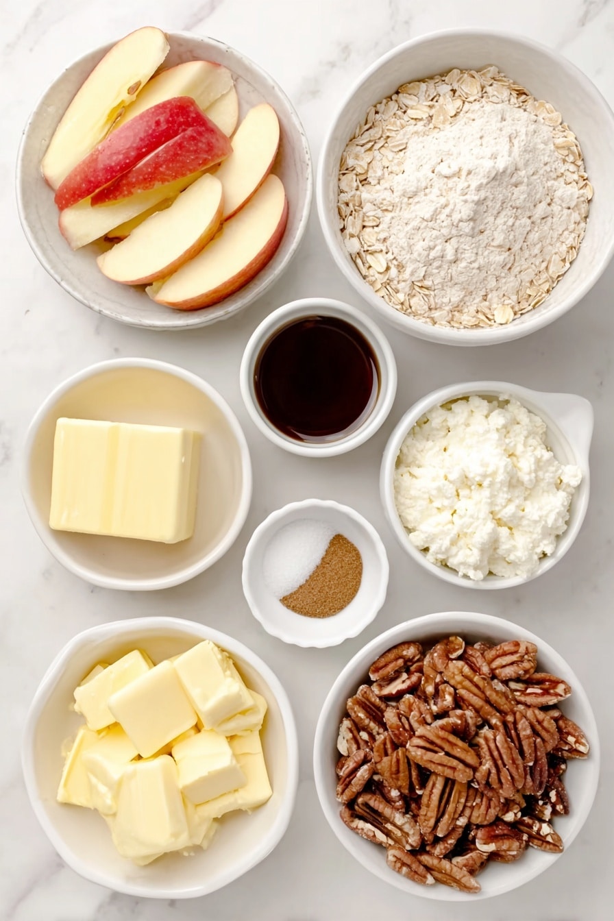 Flat lay of fresh medium Honeycrisp apples, peeled, cored, and thinly sliced arranged neatly, a small white ceramic bowl of whole wheat pastry flour, a small white ceramic bowl filled with old fashioned rolled oats, a small white ceramic bowl with dark brown sugar, raw chopped pecans scattered in a small white ceramic bowl, small white ceramic bowls containing ground cinnamon and salt, small white ceramic bowl with cold butter cubes, a small white ceramic bowl holding pure maple syrup, a small white ceramic bowl with a pinch of nutmeg, a small white ceramic bowl with bourbon, all ingredients fresh and natural, arranged in perfect symmetry on a clean white marble surface, soft natural light, photo taken with an iPhone, professional food photography style, fresh ingredients, white ceramic bowls, no bottles, no duplicates, no utensils, no packaging --ar 2:3 --v 7 --p awthu7i m7354615311229779997 - Healthy Apple Crisp, healthy apple crisp, healthy apple crisp dessert, wholesome apple crisp recipe, nutritious apple crisp