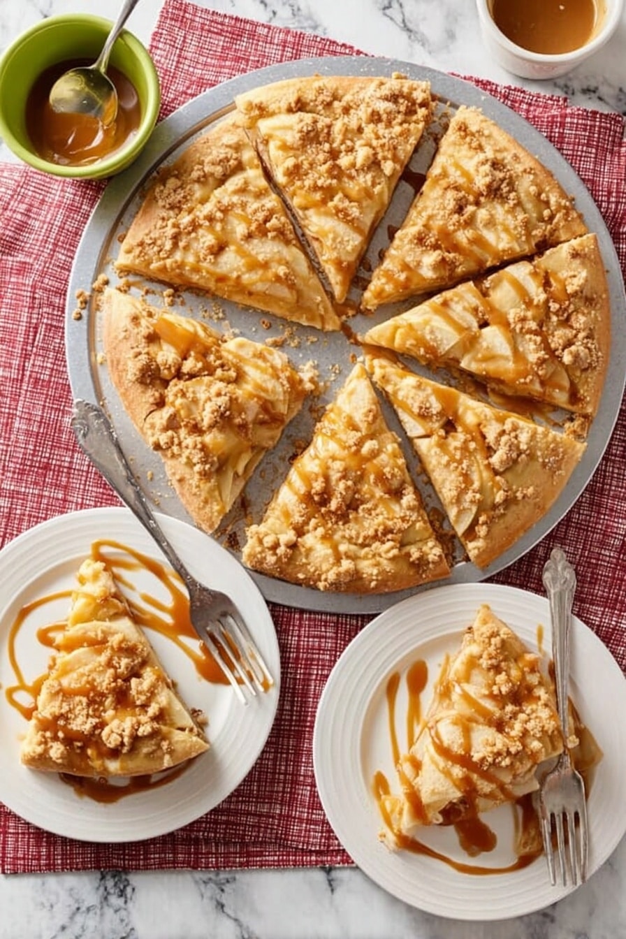 The image shows a round apple dessert pizza divided into seven slices on a silver tray placed on a white marbled surface over a red and white checkered cloth. The pizza has a light golden-brown crust with a base layer of apple slices arranged evenly in a circle. On top, there is a layer of crumbly streusel in small clumps and a thick drizzle of caramel sauce spread unevenly over the whole pizza. Two white plates each hold a single slice with caramel sauce drizzled on top, one plate has a fork beside the slice. A small green bowl filled with caramel sauce and a spoon rests near the pizza. The photo taken with an iphone --ar 2:3 --v 7 - Apple Pizza with Cream Cheese, Cinnamon Apples, Streusel Topping, apple dessert pizza, easy fruity dessert recipe