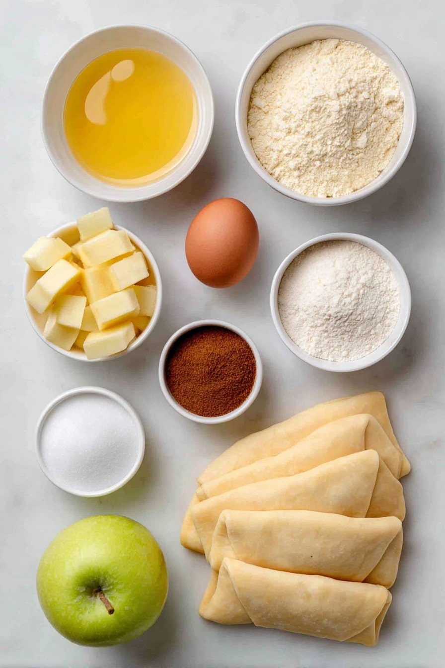 Flat lay of a whole firm Granny Smith apple, peeled and sliced into eight crisp pieces, eight triangular pieces of unbaked crescent roll dough neatly arranged in a fan shape, a small white ceramic bowl filled with melted golden butter, a small white ceramic bowl heaped with granulated white sugar, a small white ceramic bowl containing warm brown ground cinnamon, a small white ceramic bowl with a light mound of pale all-purpose flour, a whole clean uncracked brown egg placed near the center, and a small white ceramic bowl filled with clear, sparkling Sprite, all items perfectly spaced with balanced symmetry, placed on a clean white marble surface, soft natural light, photo taken with an iPhone, professional food photography style, fresh ingredients, white ceramic bowls, no bottles, no duplicates, no utensils, no packaging --ar 2:3 --v 7 --p awthu7i m7354615311229779997 - Apple Dumplings with Cinnamon Sugar and Sprite Drizzle, apple dumplings recipe, cinnamon sugar dessert, easy apple dessert, quick fruit dessert