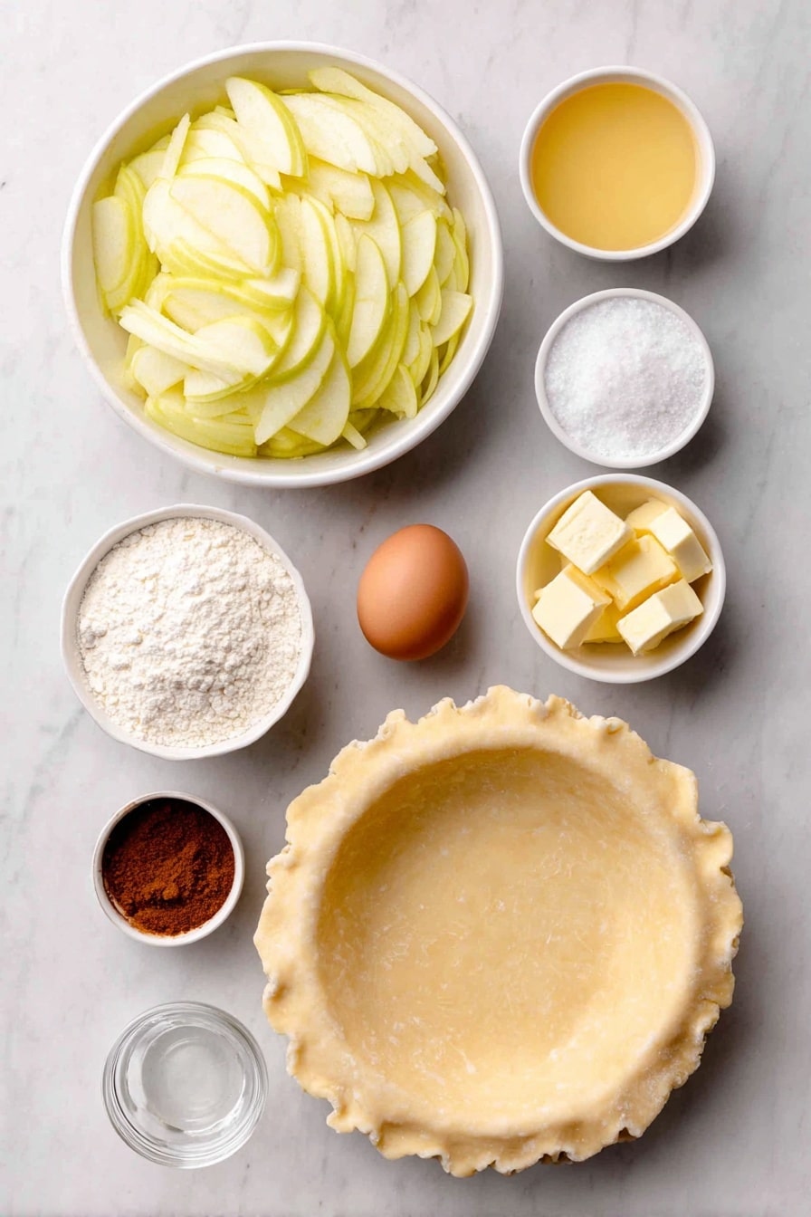 Flat lay of a small stack of rolled-out double pie crust dough circles, a large white ceramic bowl filled with thinly sliced green Granny Smith apples, a small white bowl of ground cinnamon, a small white bowl with cubes of unsalted butter, a small white bowl of all-purpose flour, a small white bowl of granulated sugar, a small white bowl of clear water, and one whole uncracked brown egg placed beside a small white bowl with a beaten egg wash mixture, all arranged symmetrically on a clean white marble surface, soft natural light, photo taken with an iPhone, professional food photography style, fresh ingredients, white ceramic bowls, no bottles, no duplicates, no utensils, no packaging --ar 2:3 --v 7 --p awthu7i m7354615311229779997 - The BEST Apple Pie, apple pie recipe, homemade apple pie, flaky apple pie crust, easy apple pie dessert