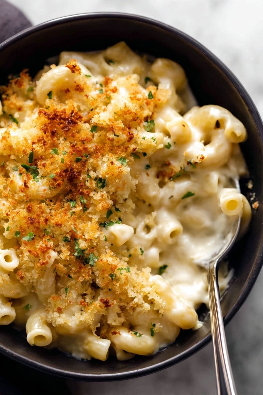 A black bowl holds creamy macaroni and cheese with small tube-shaped pasta covered in a thick white cheese sauce. On top, there is a golden-brown crunchy layer of toasted crumbs with some small green herb pieces sprinkled throughout. A silver spoon is inside the bowl on the right side, resting in the cheese sauce. The bowl is placed on a white marbled surface, and the texture of the pasta is soft and smooth with some crispy topping contrast. Photo taken with an iphone --ar 2:3 --v 7 - Baked Mac and Cheese, creamy baked mac and cheese, cheesy baked pasta, golden crust mac and cheese, comfort food recipes