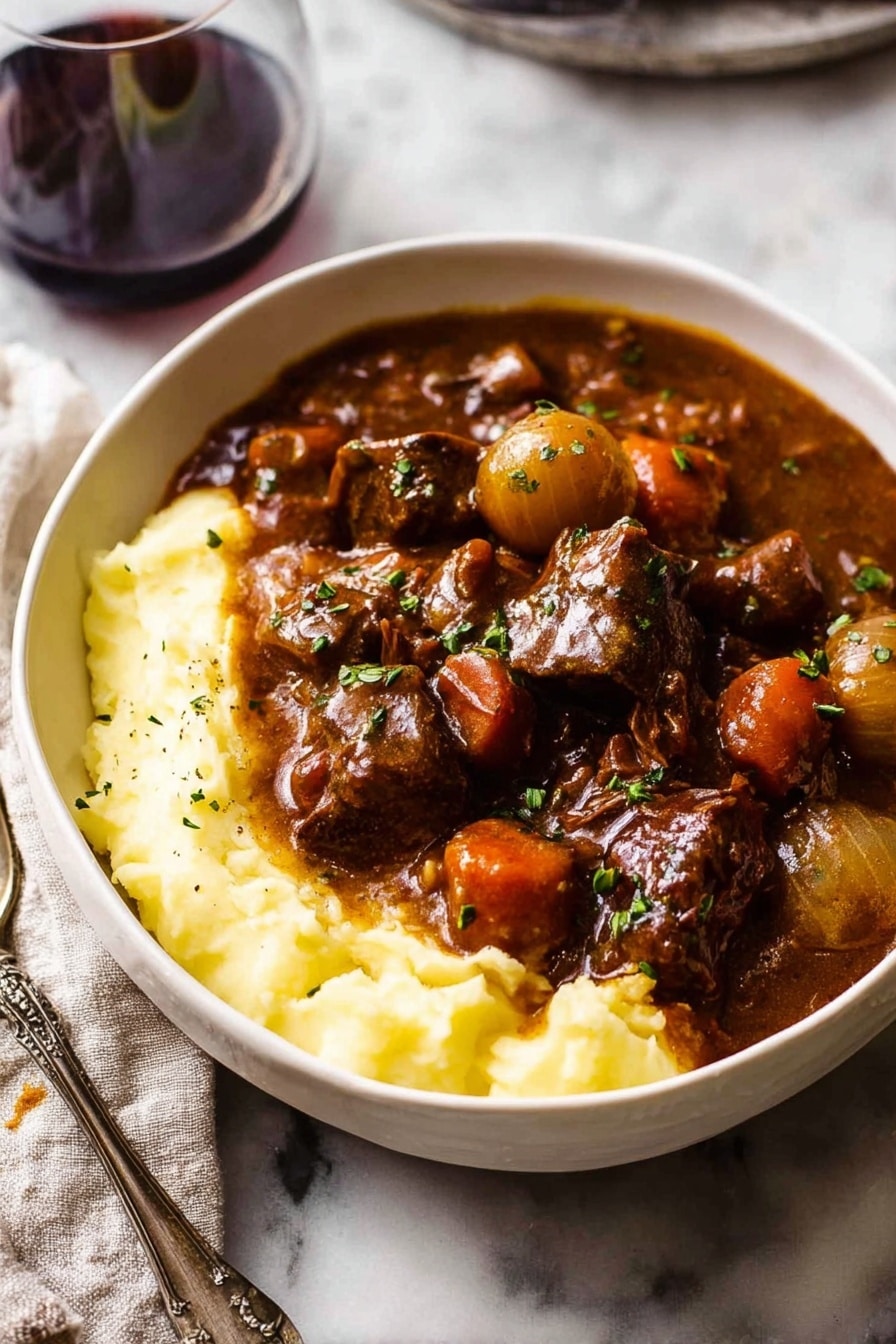 A white bowl filled with a thick layer of creamy mashed potatoes at the bottom, smooth and pale yellow in color. On top, there is a rich layer of dark brown beef stew with chunks of tender beef, orange carrot pieces, and small round light brown onions, all covered in a glossy, thick brown gravy. Small green herbs are sprinkled on top, adding a bit of color contrast. The background is a white marbled texture. Photo taken with an iphone --ar 2:3 --v 7 - Beef Bourguignon, Beef Burgundy, French beef stew, hearty beef recipes, classic French dishes