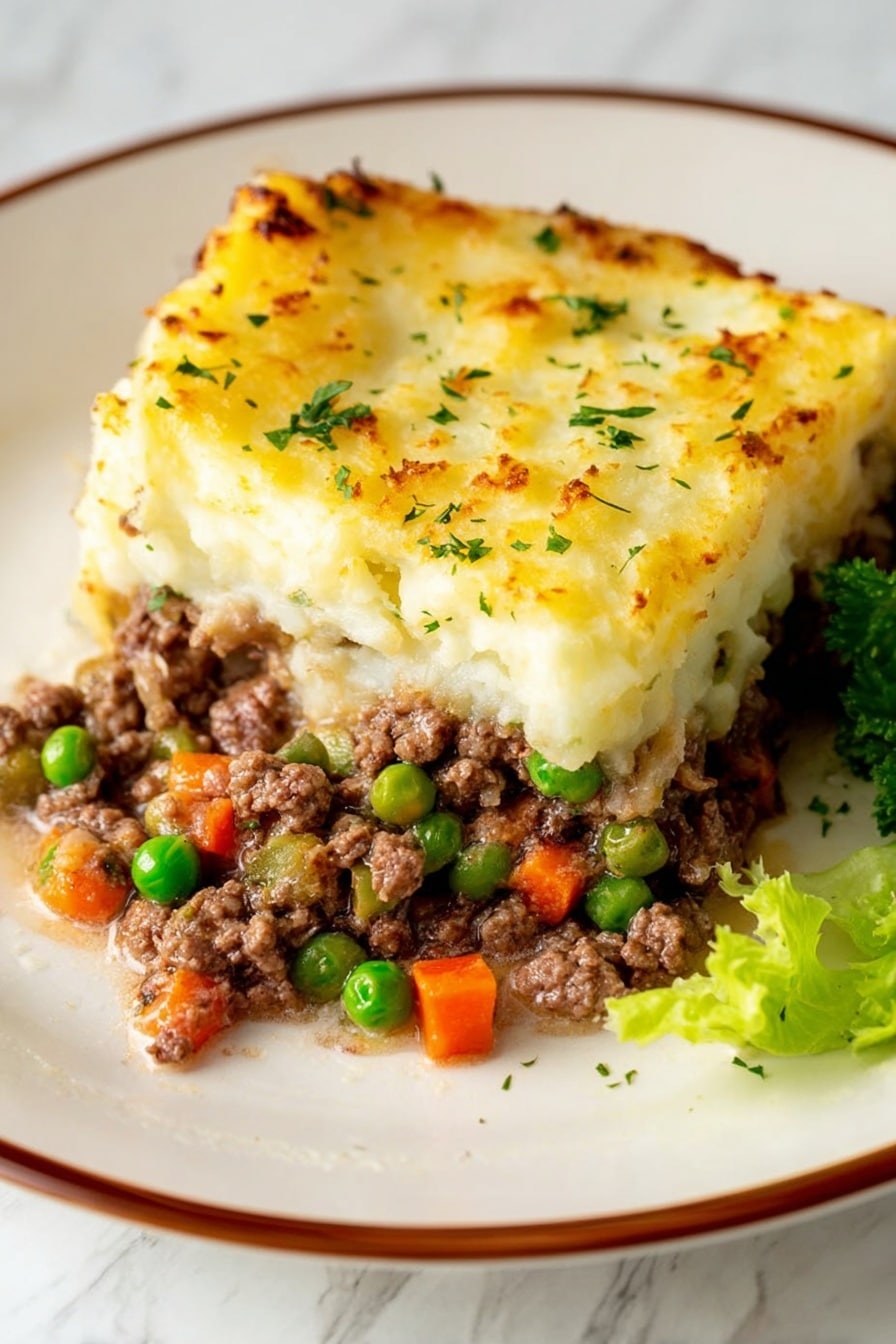 A slice of shepherd's pie on a white plate with a thin brown rim, placed on a white marbled surface. The dish has two main layers: the bottom layer is a mix of cooked minced meat with bright green peas and small orange carrot cubes, showing a moist and slightly crumbly texture. The top layer is a thick, smooth golden-yellow mashed potato topping with some browned spots from baking, sprinkled lightly with green parsley bits. A small green lettuce leaf is visible on the right edge of the plate. Photo taken with an iphone --ar 2:3 --v 7 - Classic Shepherd's Pie with Lamb or Beef and Rich Gravy, shepherd's pie recipe, lamb shepherd's pie, beef cottage pie, hearty comfort food recipes