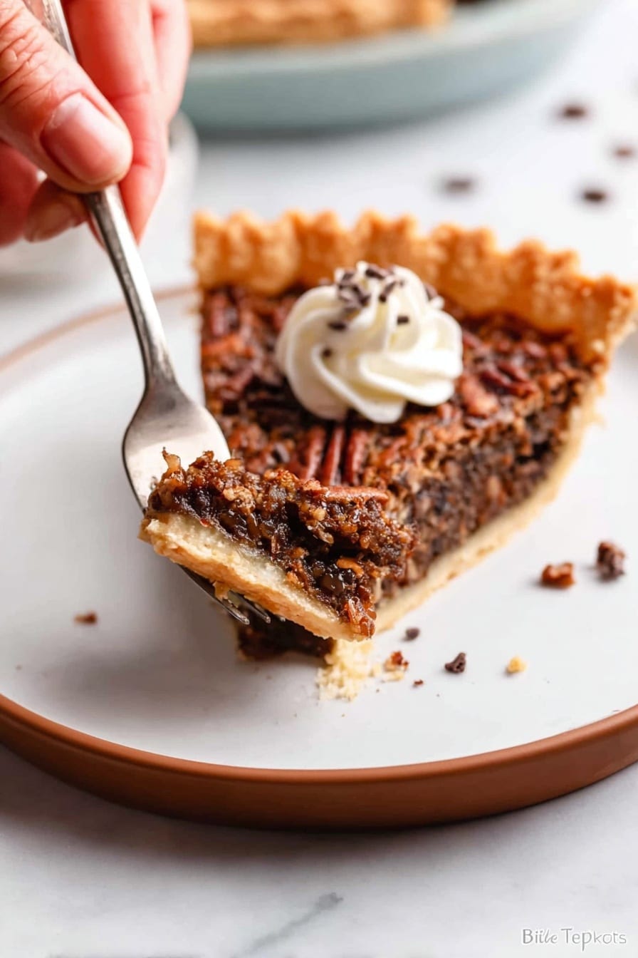 A slice of dark brown pecan pie with a golden crust sits on a white plate with a thin brown rim, placed on a white marbled surface. The pecan filling is textured and chunky, topped with a small swirl of white cream and tiny chocolate bits. A woman's hand holds a silver fork, lifting a piece of the pie with crust and filling visible. Photo taken with an iphone --ar 2:3 --v 7 - Chocolate Pecan Pie with Cocoa and Chocolate Chips, best chocolate pecan pie, easy chocolate pecan pie recipe, holiday pecan pie with chocolate, rich chocolate nut pie