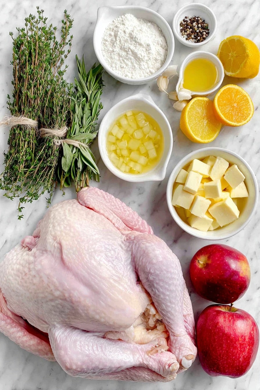 Flat lay of a whole defrosted raw turkey with pale pink skin, a large peeled and chopped yellow onion, ten whole unpeeled garlic cloves scattered nearby, a large bright orange cut into chunks, a large yellow lemon cut into chunks, a large red apple cut into pieces, a fresh bundle of green thyme and rosemary sprigs tied together, a small white ceramic bowl filled with golden pure maple syrup, a small white ceramic bowl holding soft salted butter cubes, a small white ceramic bowl containing pale all-purpose flour, a small white ceramic bowl with clear golden chicken broth, a small white ceramic bowl filled with coarse white salt, and a small white ceramic bowl with ground black pepper, all arranged with perfect symmetry and balanced proportions placed on a clean white marble surface, soft natural light, photo taken with an iPhone, professional food photography style, fresh ingredients, white ceramic bowls, no bottles, no duplicates, no utensils, no packaging --ar 2:3 --v 7 --p awthu7i m7354615311229779997 - Maple Glazed Turkey, holiday turkey recipes, juicy roasted turkey, savory maple turkey glaze, festive turkey main dish