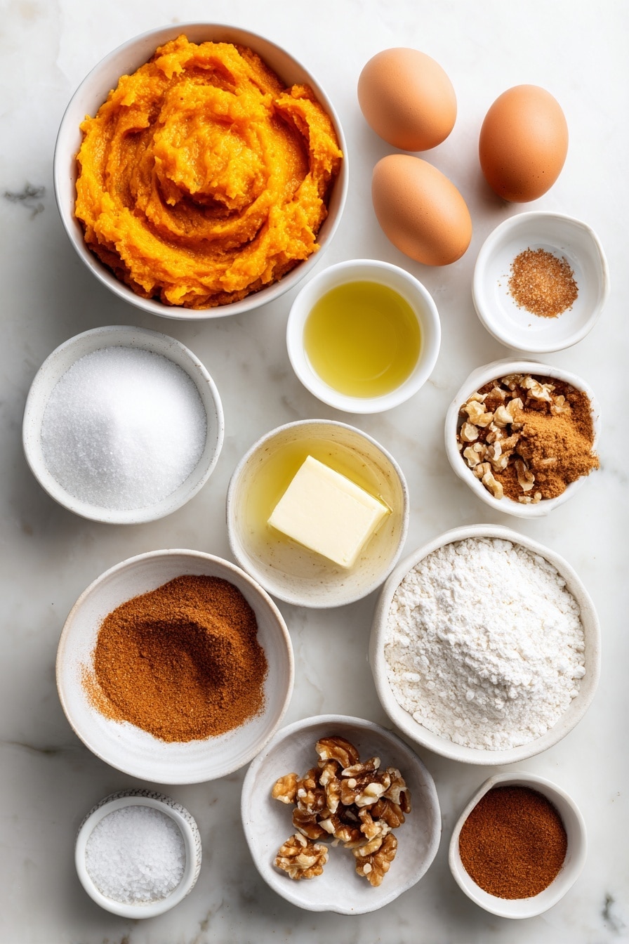 Flat lay of a small white bowl filled with bright orange pumpkin puree, a few tablespoons of melted golden salted butter in a small white bowl, a small white bowl heaped with light brown sugar, another small white bowl with white granulated sugar, two whole uncracked brown eggs, a small white bowl holding clear vanilla extract, a small white bowl with white all-purpose flour, a small white bowl containing warm-toned pumpkin pie spice, a small white bowl with ground cinnamon, a small white bowl of baking powder, a small white bowl of fine sea salt, and a small white bowl with mixed chocolate chips, cinnamon chips, and walnut pieces, all arranged symmetrically on a clean white marble surface, soft natural light, photo taken with an iPhone, professional food photography style, fresh ingredients, white ceramic bowls, no bottles, no duplicates, no utensils, no packaging --ar 2:3 --v 7 --p awthu7i m7354615311229779997 - Best Pumpkin Muffins, pumpkin muffins, fall muffin recipes, moist pumpkin muffins, pumpkin spice muffins