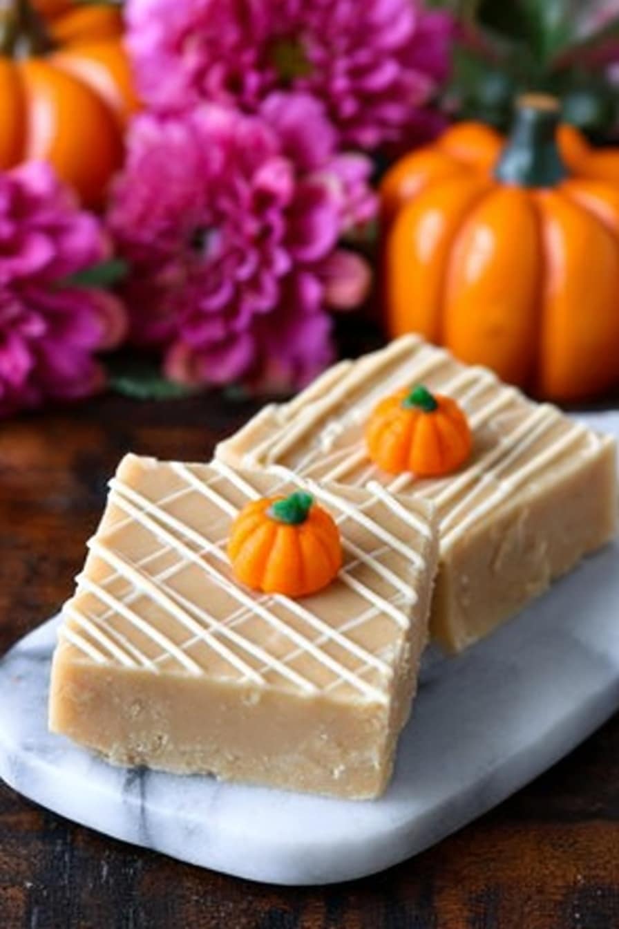The image shows three thick square pieces of light tan fudge stacked on a shiny black surface with white lines drizzled in a crisscross pattern on top. There is a small orange candy pumpkin on the right side next to the fudge. Behind the fudge is a rectangular block of butter wrapped in white and blue paper labeled