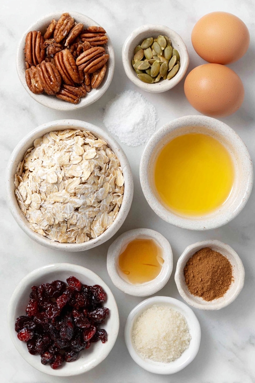 Flat lay of a small heap of old-fashioned whole rolled oats, a small mound of unsweetened shredded coconut flakes, a handful of raw pepitas (pumpkin seeds), a small pile of halved pecans, a small white ceramic bowl filled with ground cinnamon powder, another small white ceramic bowl with pumpkin pie spice powder, a tiny pinch of salt beside them, two whole clean uncracked brown eggs, a small white ceramic bowl holding melted coconut oil, a small white ceramic bowl with bright orange pumpkin puree, a small white ceramic bowl of amber pure maple syrup, a small white ceramic bowl of light brown packed brown sugar, a small white ceramic bowl containing clear vanilla extract, and a small pile of vibrant dried cranberries, all arranged in perfect symmetry on a clean white marble surface, soft natural light, photo taken with an iPhone, professional food photography style, fresh ingredients, white ceramic bowls, no bottles, no duplicates, no utensils, no packaging --ar 2:3 --v 7 --p awthu7i m7354615311229779997 - Crunchy Pumpkin Spice Granola, Pumpkin Spice Granola, Fall Breakfast Ideas, Healthy Pumpkin Granola, Cozy Autumn Snacks