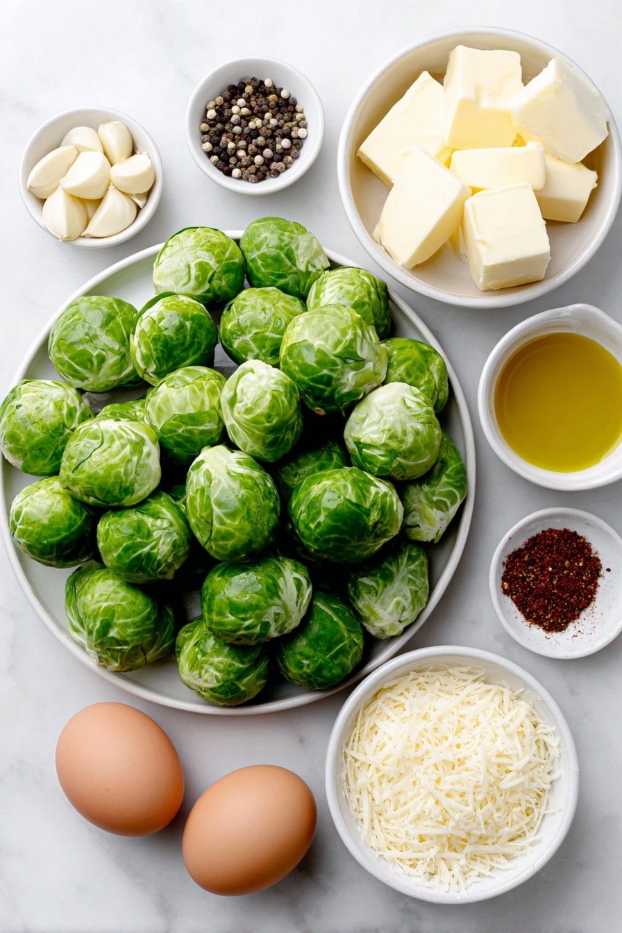 Flat lay of fresh halved Brussels sprouts with bright green leaves, a few whole uncracked brown eggs nearby, a small white ceramic bowl of golden olive oil, a small white ceramic bowl with creamy yellow butter cubes, a small white ceramic bowl holding several peeled garlic cloves, a small white ceramic bowl filled with amber honey, a small white ceramic bowl containing finely grated parmesan cheese, and a few scattered black peppercorns and a pinch of cayenne pepper powder artfully arranged on a simple white ceramic plate, all placed on a clean white marble surface, soft natural light, photo taken with an iPhone, professional food photography style, fresh ingredients, white ceramic bowls, no bottles, no duplicates, no utensils, no packaging --ar 2:3 --v 7 --p awthu7i m7354615311229779997 - Garlic Honey Butter Roasted Brussels Sprouts, roasted Brussels sprouts, honey glazed Brussels sprouts, easy side dish recipes, flavorful vegetable side
