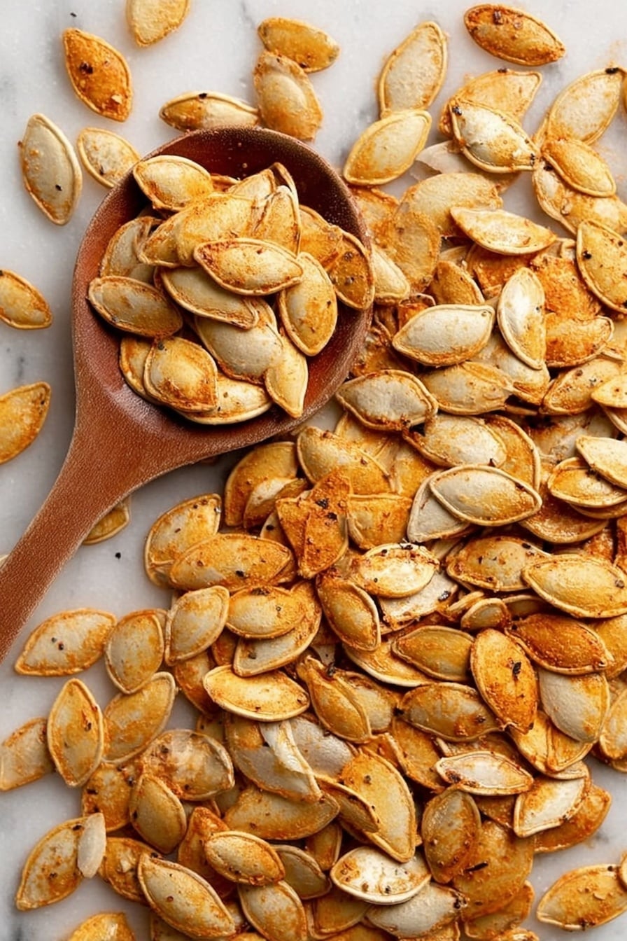 The image shows a big group of roasted pumpkin seeds spread flat on a white marbled surface, with some seeds showing a light brown, crispy outer layer and others a paler, smoother inner side. In the middle left, a wooden spoon filled with more roasted seeds rests on top of the pile, its curved shape contrasting with the many flat seeds beneath. The seeds have a rough texture and are a mix of golden brown and light cream colors, with some dark specks hinting at seasoning photo taken with an iphone --ar 2:3 --v 7 - Crunchy Roasted Pumpkin Seeds with Chili, spicy roasted pumpkin seeds, healthy fall snacks, homemade pumpkin seed snack, easy spicy seed recipe