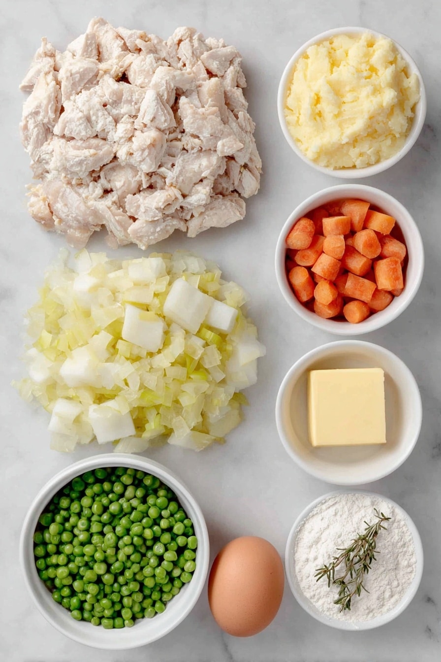 Flat lay of a small mound of diced cooked chicken with natural browned edges, a neat pile of chopped yellow onion with bright, translucent layers, a heap of chopped celery stalks in fresh light green, a cluster of chopped orange carrot cubes, a small pile of diced white-fleshed potato with clean edges, a small white bowl filled with fresh green peas, a small white bowl of golden unsalted butter chunks, a small white bowl holding fine white all-purpose flour, a small white bowl containing pale beige flour dusted with dried thyme and rosemary herbs, a smooth whole brown egg with a clean shell, and a small white bowl of clear chicken stock — all arranged with perfect symmetry and realistic proportions on a simple white ceramic surface, placed on a clean white marble surface, soft natural light, photo taken with an iPhone, professional food photography style, fresh ingredients, white ceramic bowls, no bottles, no duplicates, no utensils, no packaging --ar 2:3 --v 7 --p awthu7i m7354615311229779997 - Handheld Chicken Pot Pie, portable chicken pot pie, portable savory pies, easy handheld comfort food, flaky crust chicken pie