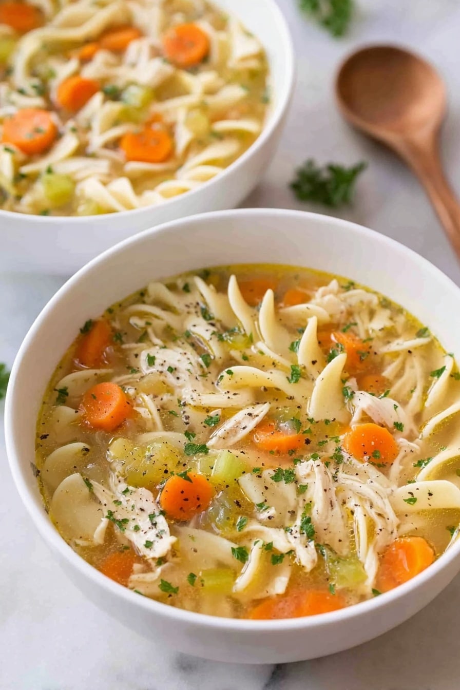 The image shows a white bowl filled with chicken noodle soup placed on a white marbled surface. The soup has a golden clear broth with visible ingredients including thick curly egg noodles, bright orange carrot slices, pale green celery pieces, and white shredded chicken. The ingredients float evenly in the broth, sprinkled with small bits of green parsley and a few black pepper specks on top. In the background, another white bowl of the same soup is slightly out of focus, and a wooden spoon rests beside it. The colors are warm and inviting, and the texture of the soup looks smooth with chunky vegetable and meat pieces. photo taken with an iphone --ar 2:3 --v 7 - Crockpot Chicken Noodle Soup, easy chicken noodle soup, slow cooker chicken soup, hearty chicken soup recipe, comfort food recipes