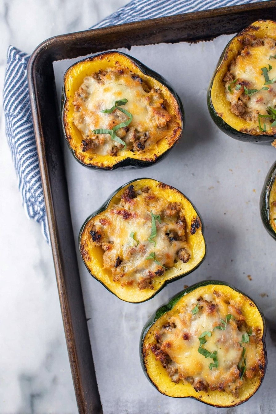 The image shows four pieces of stuffed acorn squash, each cut in half and arranged on a baking tray lined with white parchment. Each squash half is filled with a mixture that has a browned ground meat base layered with melted, slightly browned cheese on top. Small green herb leaves are scattered over the cheese for garnish. The squash's outer skin is dark green, and the inner flesh is bright yellow-orange and soft. The tray sits on a cloth with blue and white stripes, all placed on a white marbled surface. photo taken with an iphone --ar 2:3 --v 7 - Stuffed Acorn Squash with Turkey and Apples, healthy stuffed acorn squash, cozy turkey and apple dinner, easy stuffed squash recipe, holiday stuffed acorn squash