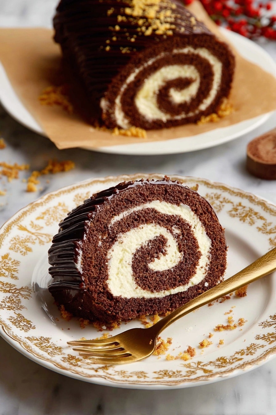 A slice of chocolate roll cake with two distinct layers is on a white plate with a gold floral pattern. The cake has a dark brown chocolate sponge layer rolled tightly with a creamy white filling, forming a spiral shape. The outside of the cake is covered with a shiny dark chocolate glaze with textured lines, and there are small golden crumbs sprinkled around the plate and on the cake. A gold fork rests on the plate, and in the background, the remaining cake roll sits on a white plate lined with parchment paper, with more golden crumbs scattered nearby on a white marbled surface. Photo taken with an iphone --ar 2:3 --v 7 - Chocolate Yule Log Cake, festive chocolate cake, holiday Yule log, Christmas dessert, rich chocolate cake