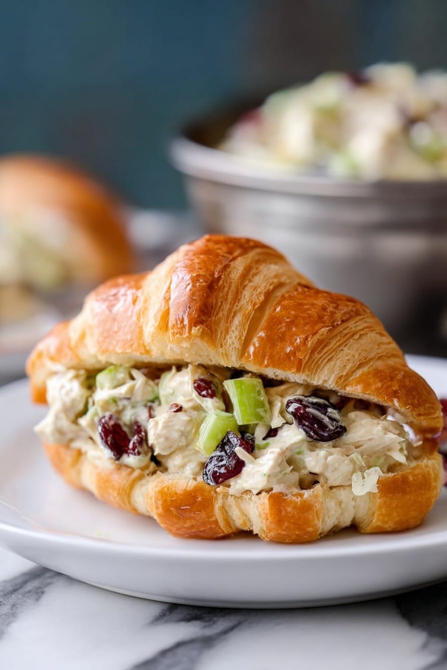 The image shows a croissant sandwich on a white plate set on a white marble surface. The croissant is golden brown and flaky, split open and filled with a creamy chicken salad. The chicken salad filling has visible chunks of white chicken meat, chopped green celery, dried dark red cranberries, and small pine nuts, all mixed in a light creamy dressing. The sandwich is centered in the image with a blurred background showing a metal bowl with more chicken salad. Photo taken with an iphone --ar 2:3 --v 7 - Cranberry Chicken Salad, Cranberry Chicken Salad Recipe, Easy Chicken Salad with Cranberries, Healthy Cranberry Chicken Salad, Refreshing Chicken Salad