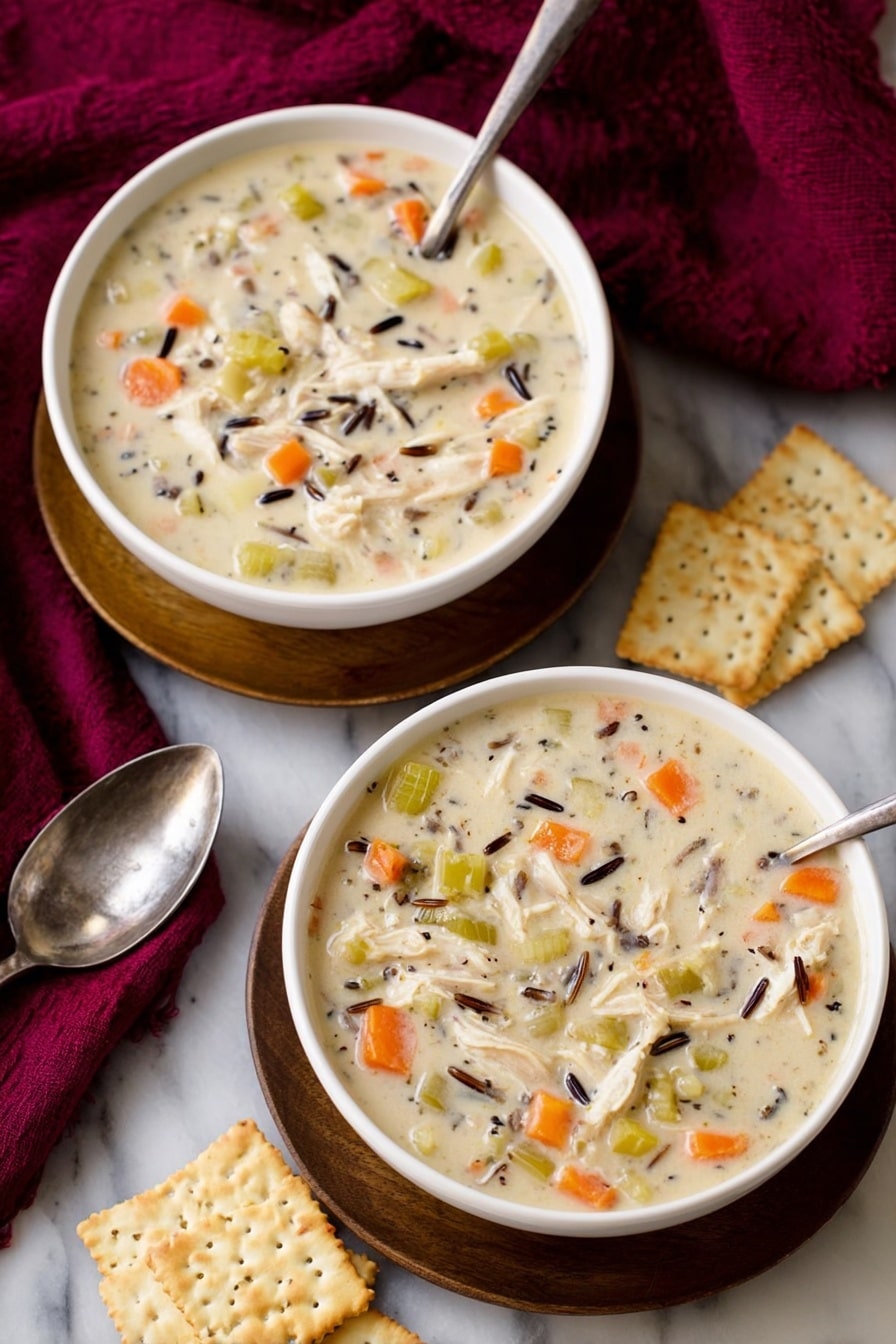 Two white bowls filled with thick creamy soup that has visible layers of orange carrot pieces, pale green celery chunks, shredded white meat, and small bits of dark wild rice mixed in. Each bowl sits on a round wooden plate with a spoon resting against it. Around the bowls are square saltine crackers placed on a white marbled surface. A deep red cloth is arranged to the side, adding a splash of color. Photo taken with an iphone --ar 2:3 --v 7 - Creamy Chicken and Wild Rice Soup, hearty chicken wild rice soup, comforting creamy chicken soup, easy wild rice recipes, cozy chicken and rice soup