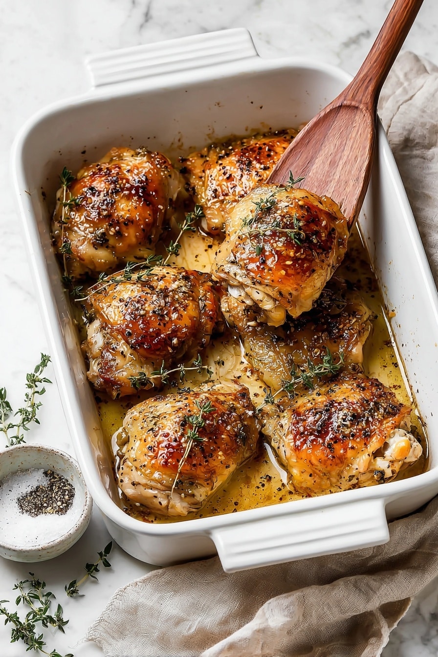 A white baking dish holds seven golden-brown roasted chicken thighs, each topped with small green herb sprigs and speckled with black pepper and seasoning. The chicken skin looks crispy and shiny with a mix of light and darker brown areas. A wooden spatula lifts one piece from the dish, showing the tender texture beneath the skin. The dish sits on a white marbled surface with a beige cloth napkin beside it and a small white bowl with black pepper and salt in the lower left corner. Some fresh herb sprigs lie scattered near the bowl. photo taken with an iphone --ar 2:3 --v 7 - Honey Mustard Chicken Thighs, Chicken Thighs with Honey Mustard, Easy Honey Mustard Chicken, Juicy Chicken Thighs Recipe, Quick Dinner Ideas