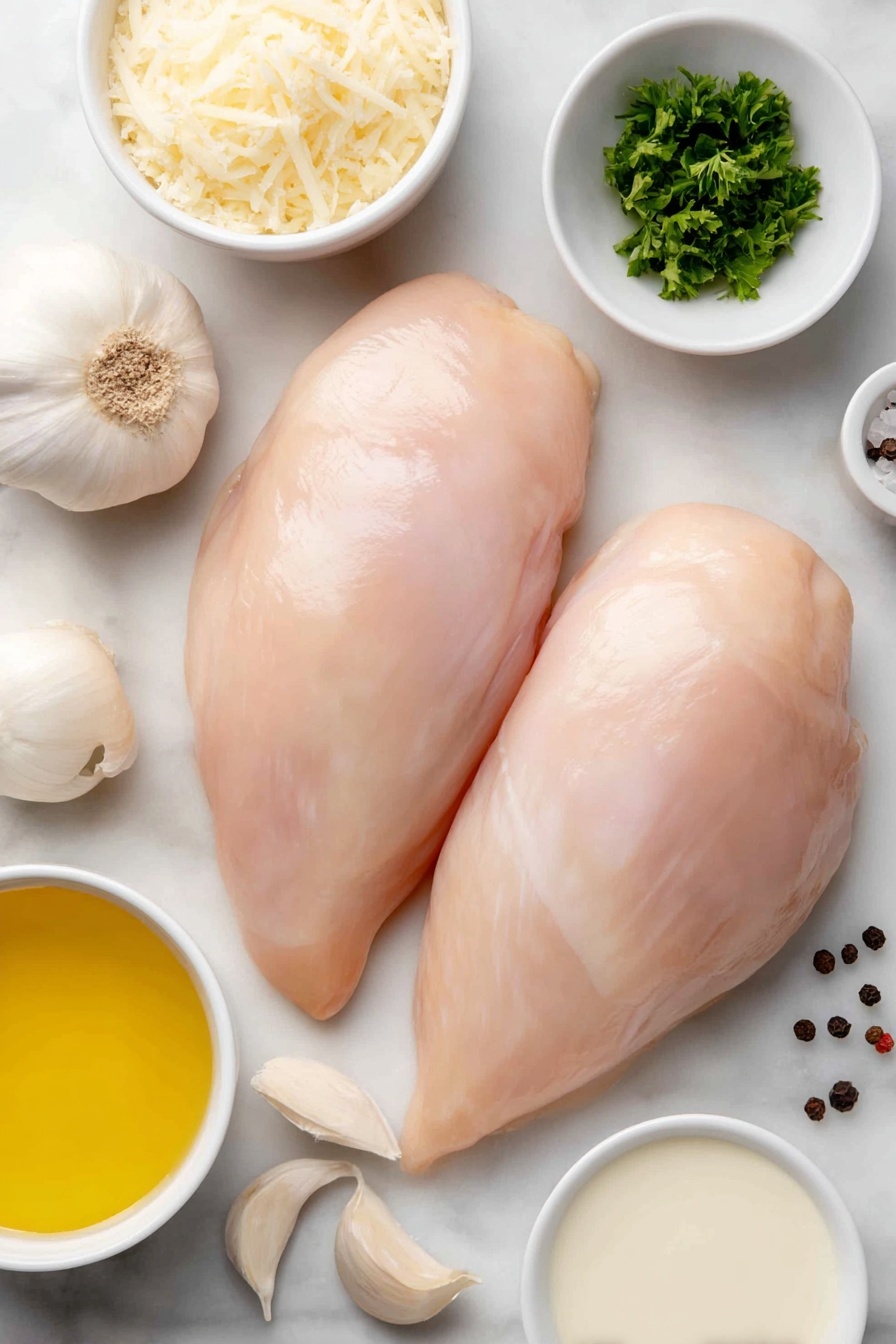 Flat lay of two large raw chicken breasts with smooth pale pink skin, a small mound of fine white cornflour powder, a small white ceramic bowl filled with golden oil, a peeled small white onion whole, three large peeled garlic cloves, a small white bowl of grated pale yellow parmesan cheese, a small white bowl of fresh bright green chopped parsley, a small white bowl of cream with a smooth surface, a small white bowl with light yellow lemon juice, a small white bowl with pale beige chicken stock, a scattering of whole black peppercorns, and a small pinch of coarse salt crystals all arranged with perfect symmetry on a clean white marble surface, soft natural light, photo taken with an iPhone, professional food photography style, fresh ingredients, white ceramic bowls, no bottles, no duplicates, no utensils, no packaging --ar 2:3 --v 7 --p m7354615311229779997 - Garlic Parmesan Chicken in Creamy Sauce, garlic parmesan chicken, creamy chicken dinner, easy chicken recipes, flavorful chicken recipes